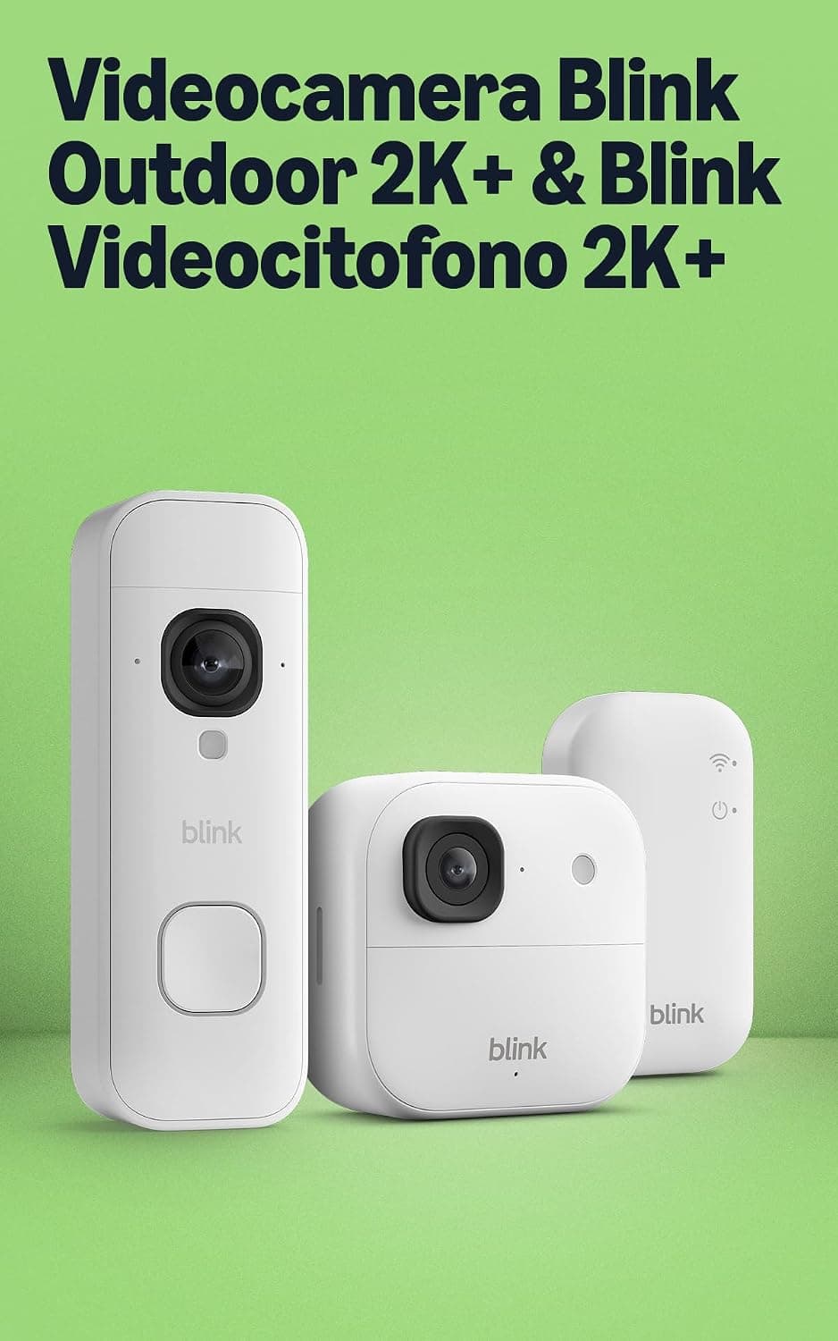 Videocamera esterna 2K+ Blink con Videocitofono 2K+ a pile Blink (ultimo modello), Bianco, Modulo di sincronizzazione di base incluso