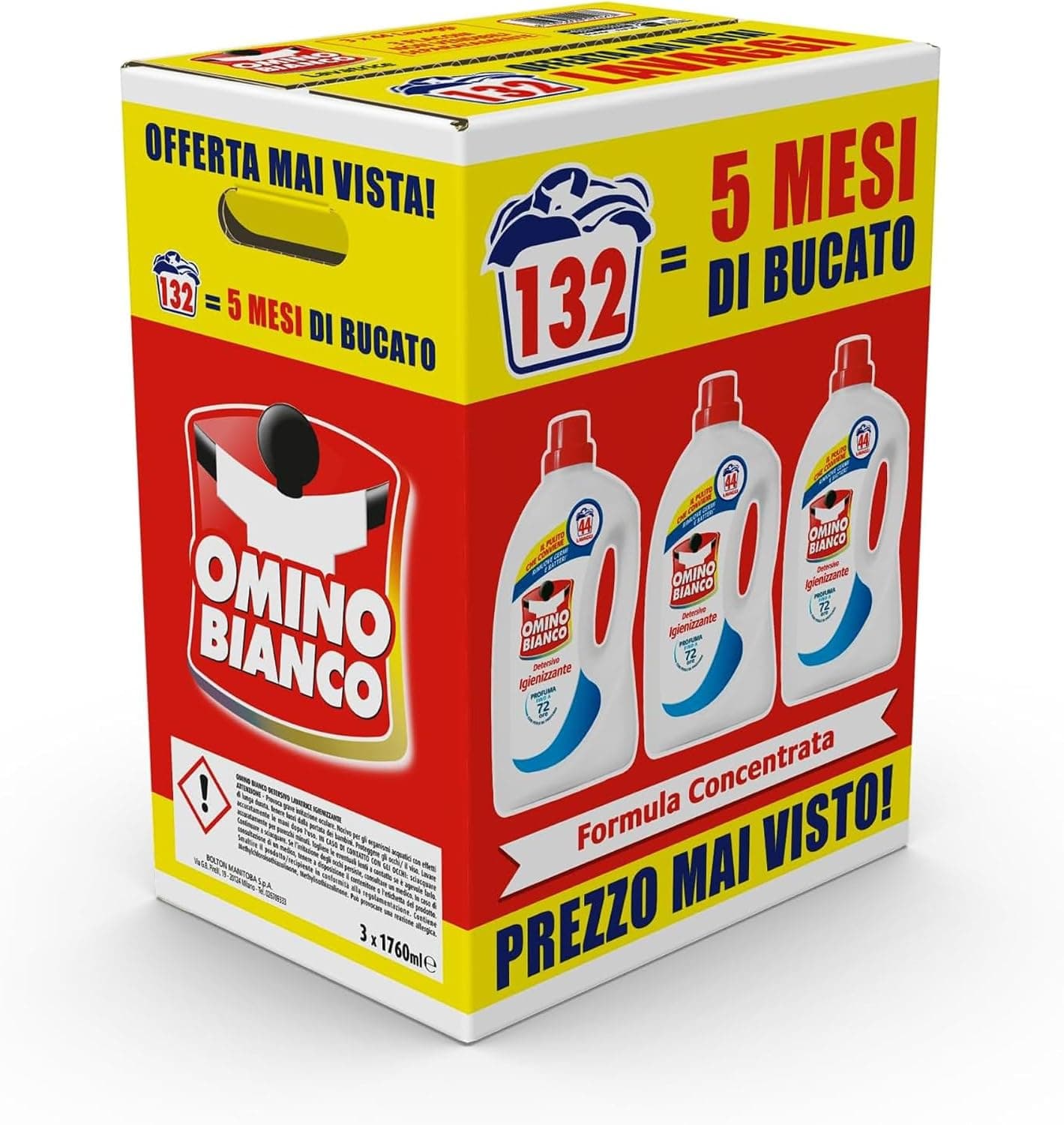 Omino Bianco Detersivo Lavatrice Igienizzante, 132 Lavaggi, 1760 ml x 3