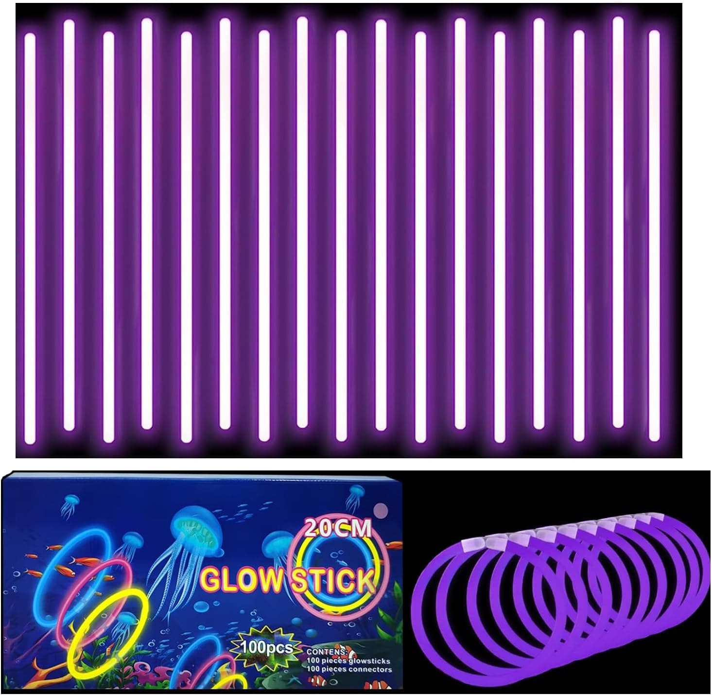 Braccialetti luminosi fluorescenti viola 100 pezzi, colorati bastoni bulk con 100 connettori. Glow sticks bambini adulti per compleanno, feste, Carnevale, Capodanno, Pasqua, Halloween
