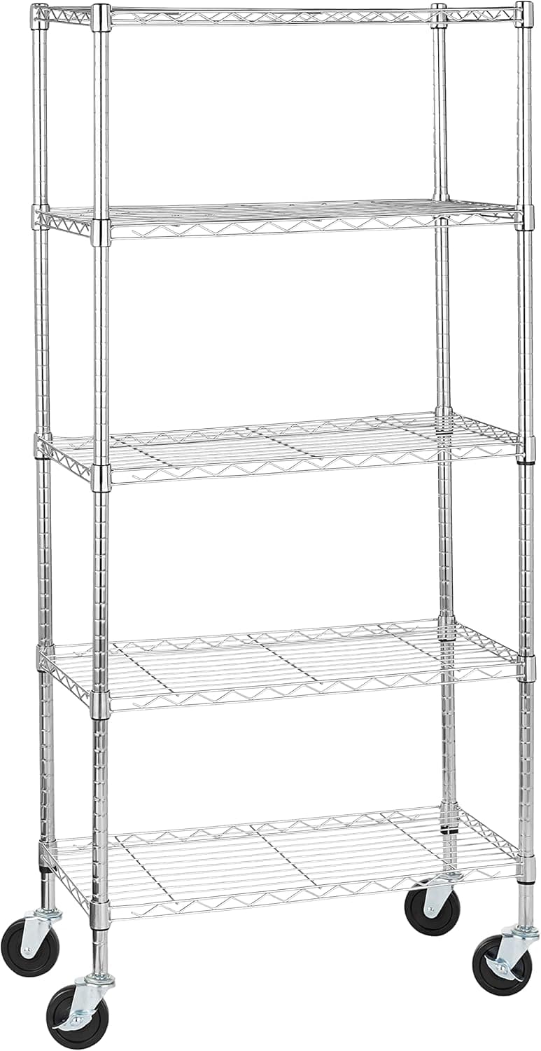 Amazon Basics Scaffaliera 5 ripiani medi, con rotelle da 10,2 cm, altezza dei ripianie piedini regolabili, peso massimo 680 kg, Cromo, 36 x 76 x 164 cm (D x W x H)