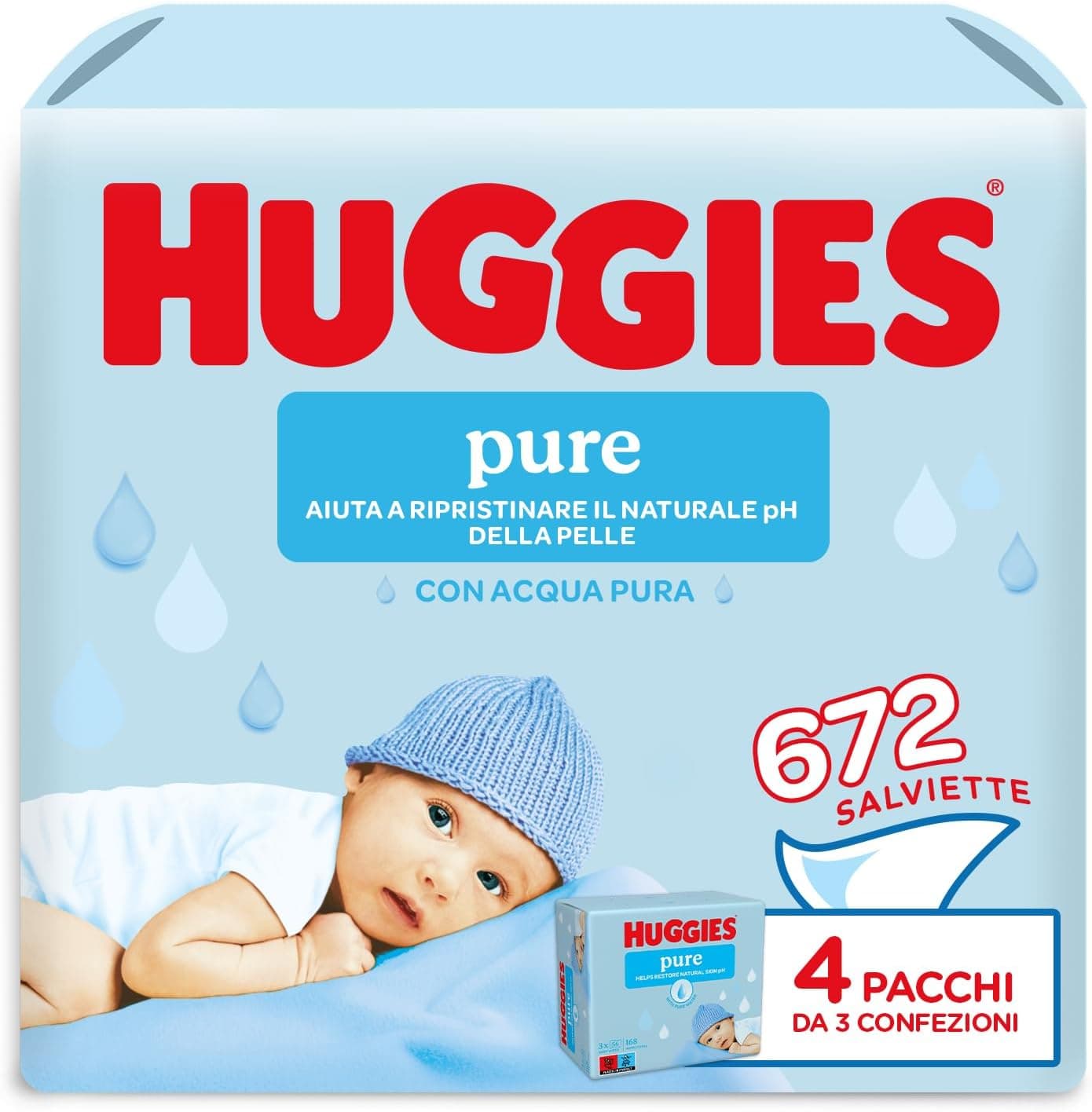 Huggies Pure, Salviette neonato, 99% acqua pura, 65% fibre assorbenti naturali, 672 Pz (12 x 56)