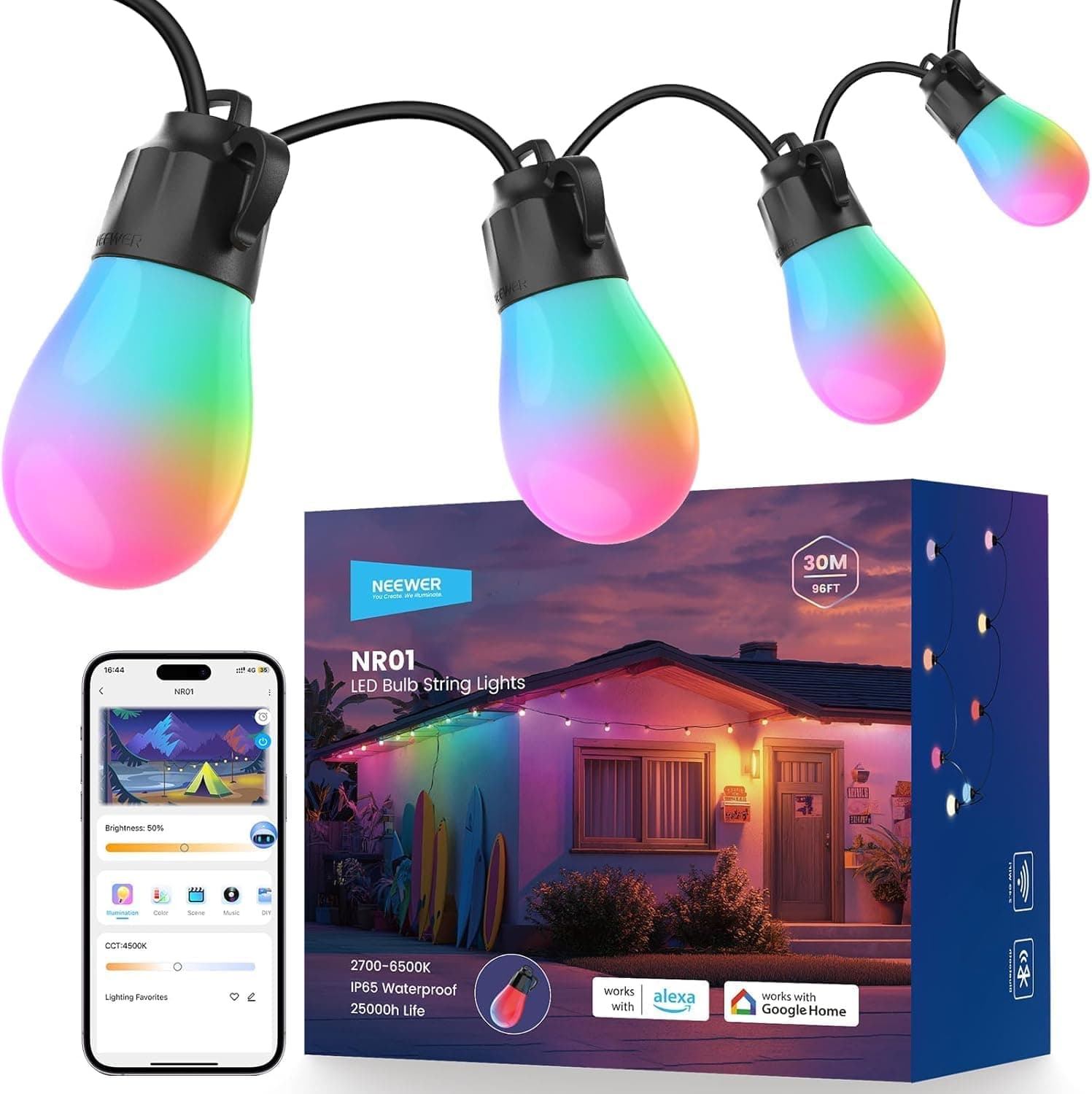 NEEWER NR01 Catena Luminosa per Esterni 30m, Controllo App Smart AI RGBW