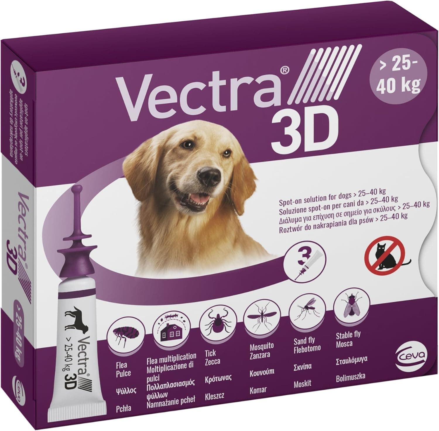 VECTRA 3D Antiparassitario per Cane 3 Pipette Antipulci, Antizecche e Antizanzare per cani 25/40 kg Protegge da Pulci, Zecche, Flebotomi e Mosche