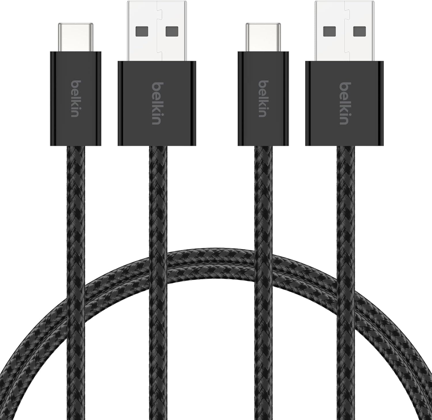 Belkin Confezione da 2 cavi intrecciati da USB-A a USB-C da 1,5 m, 15 W, cavo flessibile per ricarica rapida, cavo Type-C per iPhone 17 e iPhone 16 series, Galaxy S25, Pixel 10, iPad Pro ecc., nero