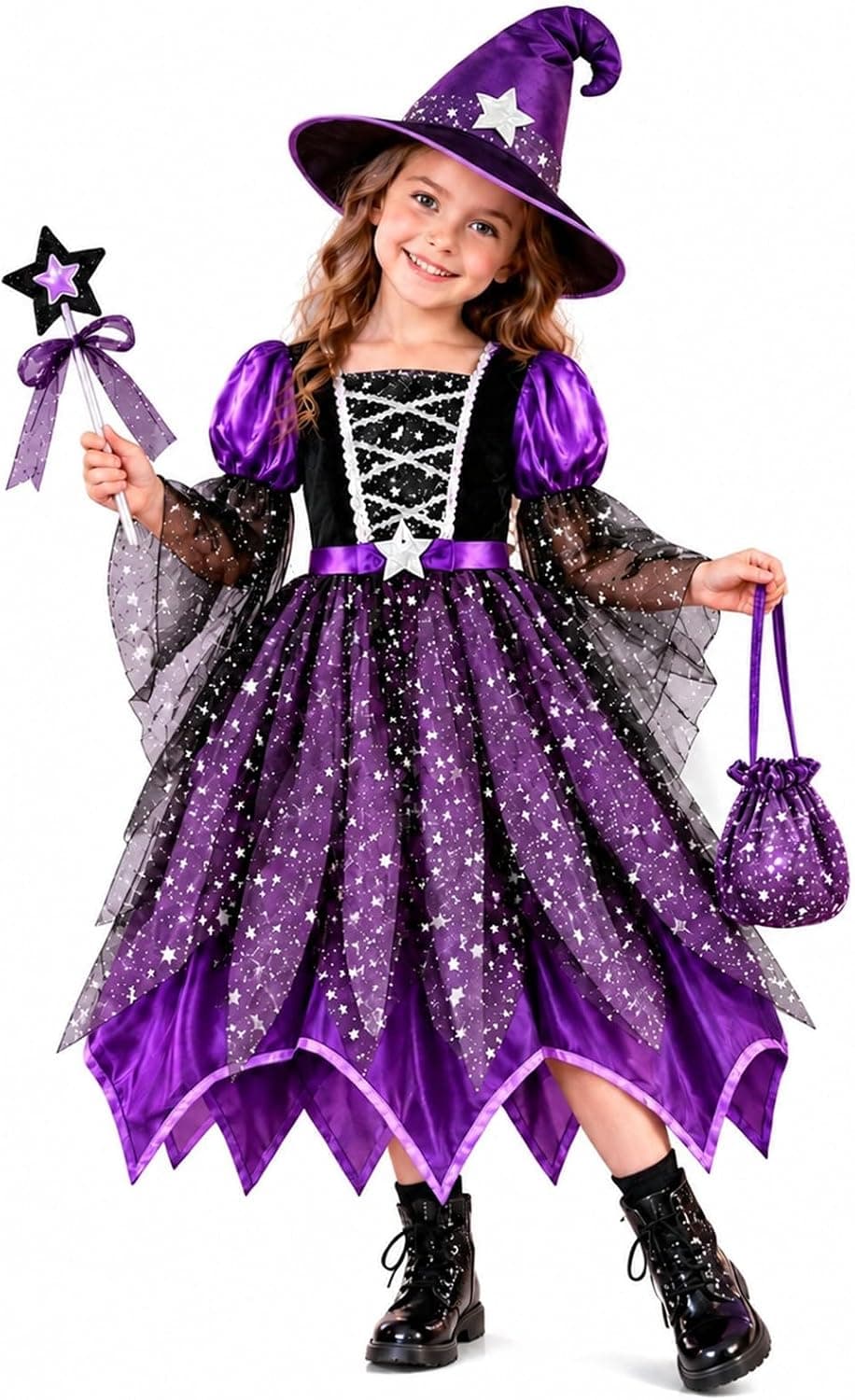 Generico Vestito Halloween Bambina Strega, Costume Da Strega Per Bambina Set 4 Pezzi Con Vestito Cappello Bacchetta Borsetta Per Halloween Carnevale Spettacolo Festa 4-14 Anni
