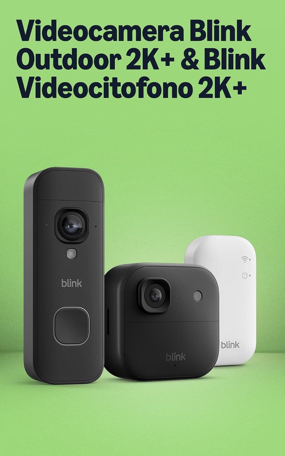 Videocamera esterna 2K+ Blink con Videocitofono 2K+ a pile Blink (ultimo modello), Nero, Modulo di sincronizzazione di base incluso