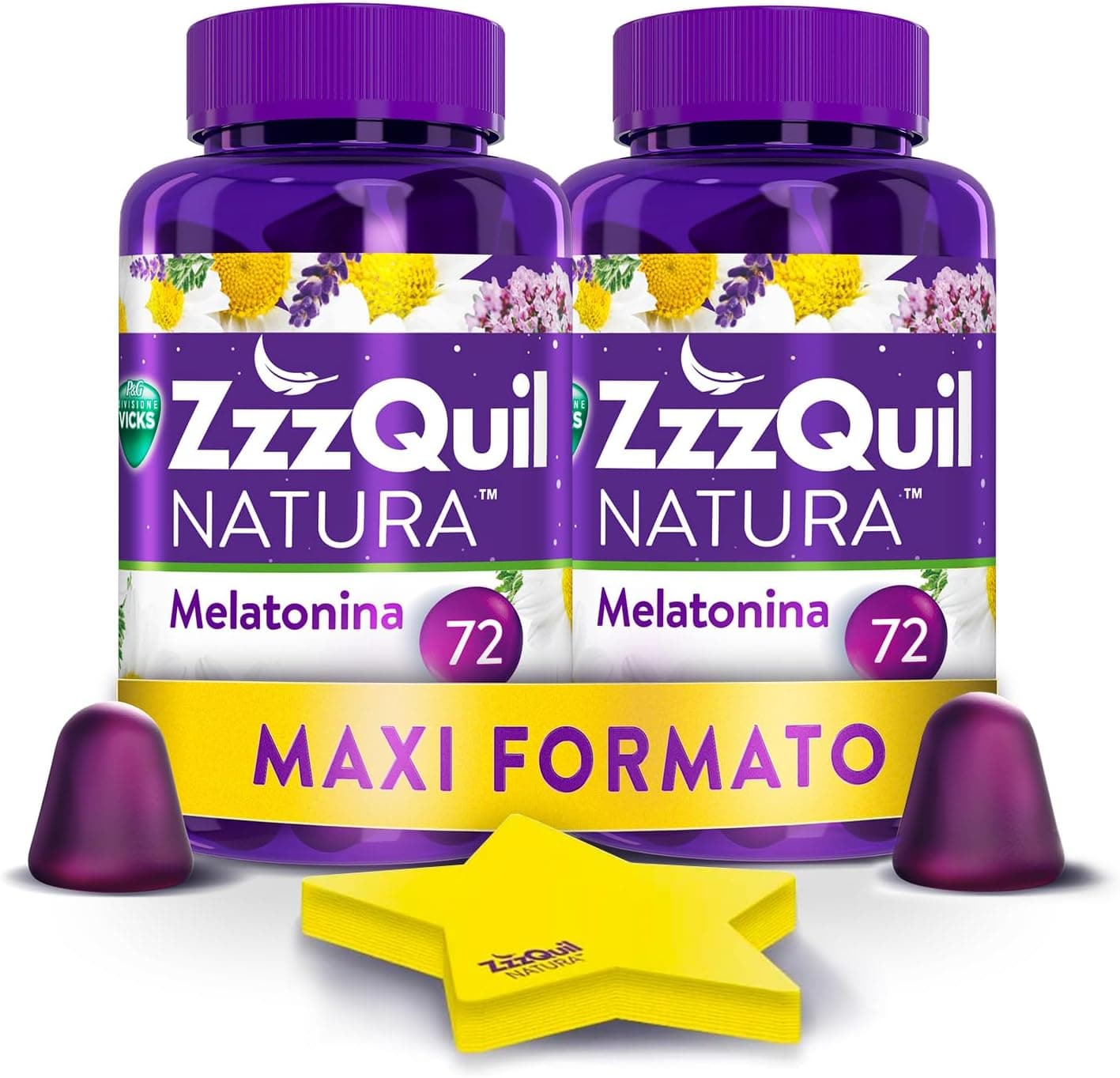 ZzzQuil Natura Integratore con Melatonina pura ed Estratti Di Valeriana Per Dormire, Camomilla e Lavanda, Maxi Formato Frutti Di Bosco 2x72 Gommose + Foglietti Adesivi Stella