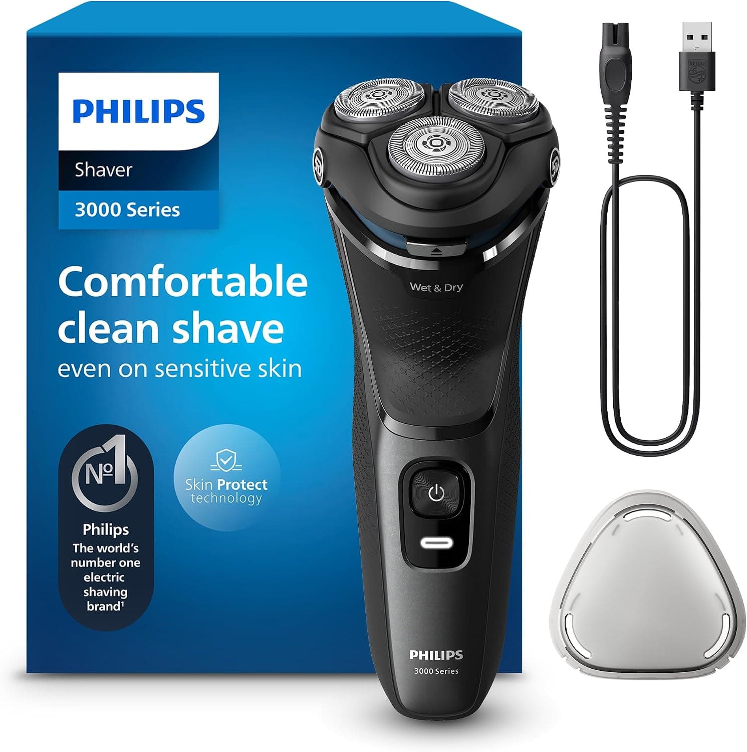 Philips rasoio elettrico serie 3000 - Rasoio elettrico Wet & Dry per uomo con tecnologia SkinProtect, colore Dark Moon, rifinitore a scomparsa, rasoio cordless (modello S3145/00)