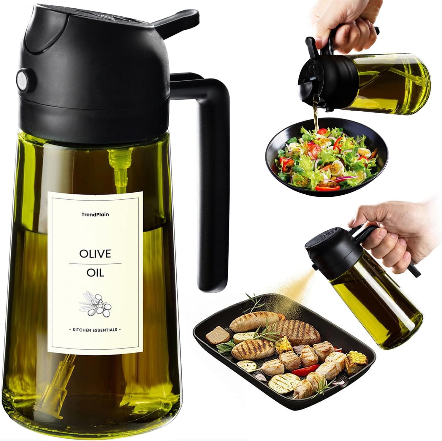 TrendPlain Spruzzino Olio per Friggitrice Aria 470ml, Dosatore Olio 2 in 1, Oliera Spray per Cucina, Insalata e Aceto, Accessori Cucina senza BPA (Nero-1)