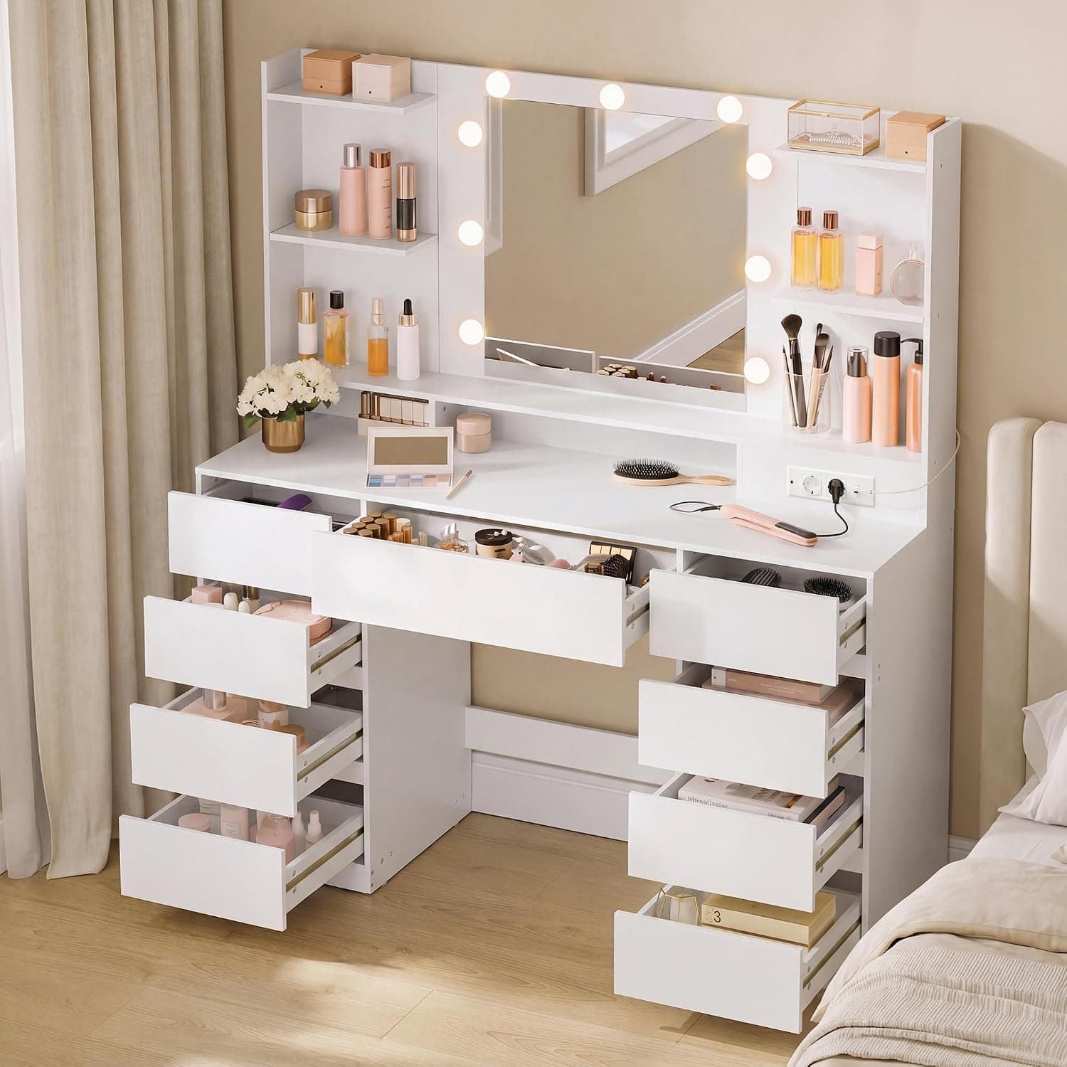 VASAGLE Toeletta con Specchio LED Montaggio Binari Senza Attrezzi