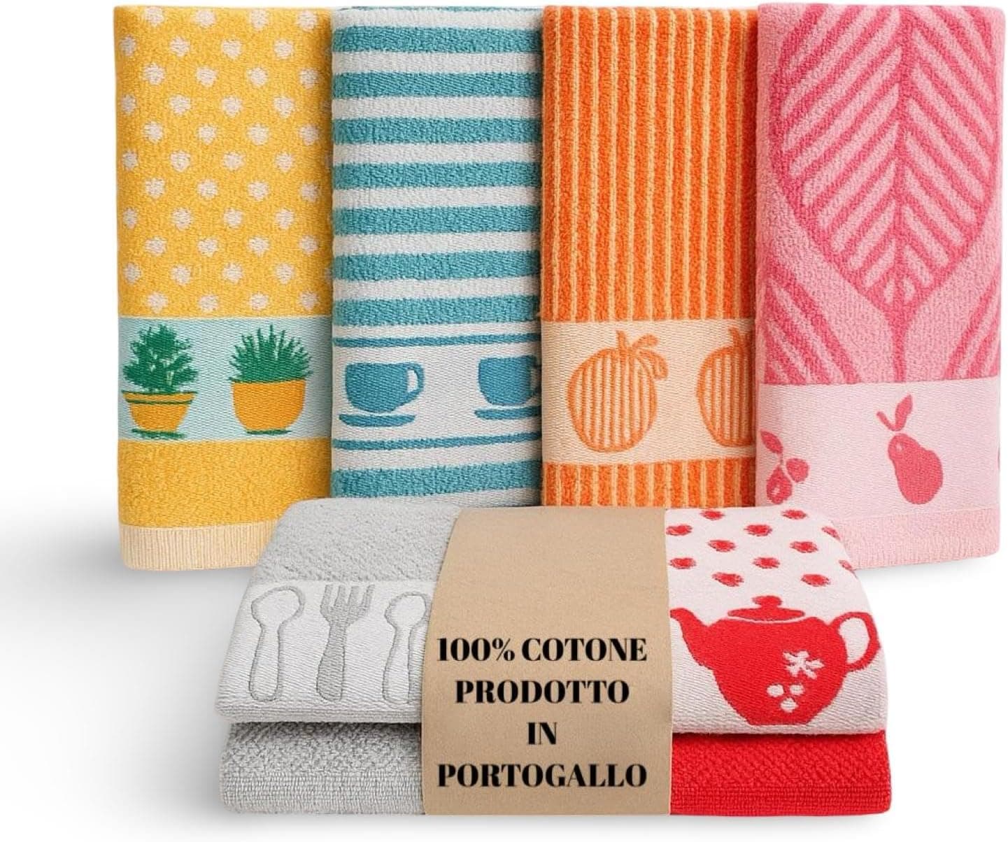 Set 6 Pezzi Strofinacci Cucina Cotone 100% Made in Portogallo - Canovacci Cucina Cotone Assorbenti e Lavabili in Lavatrice, Stracci Cucina Multiuso Resistenti e Colorati