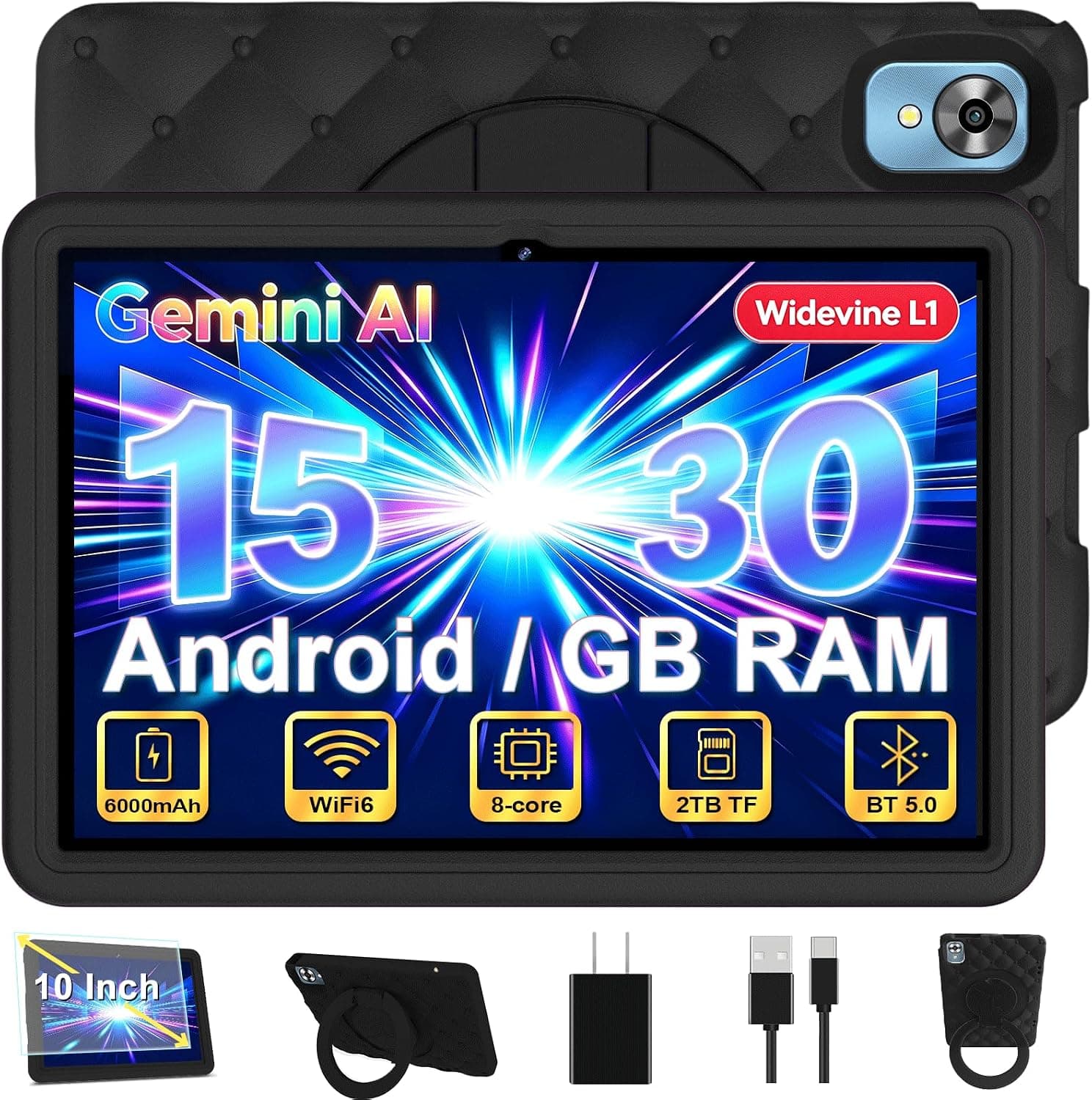 Tablet Bambini 10 Pollici Android 15 con 30GB RAM, 5G Wi-Fi 6, 64GB ROM(TF 2TB), Control Parental, Gemini AI, Octa-Core, 8MP+5MP, 6000mAh, Custodia Protettiva EVA + Supporto Girevole a 360°, Nero
