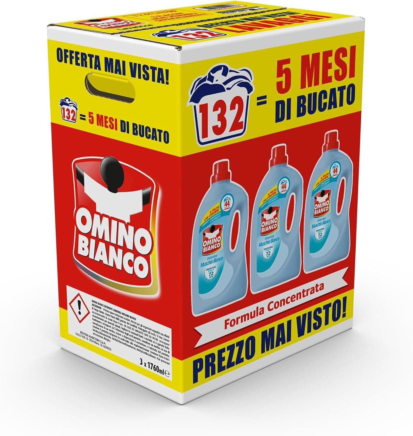 Omino Bianco Detersivo Lavatrice, Muschio Bianco, 132 Lavaggi, 1760 ml x 3