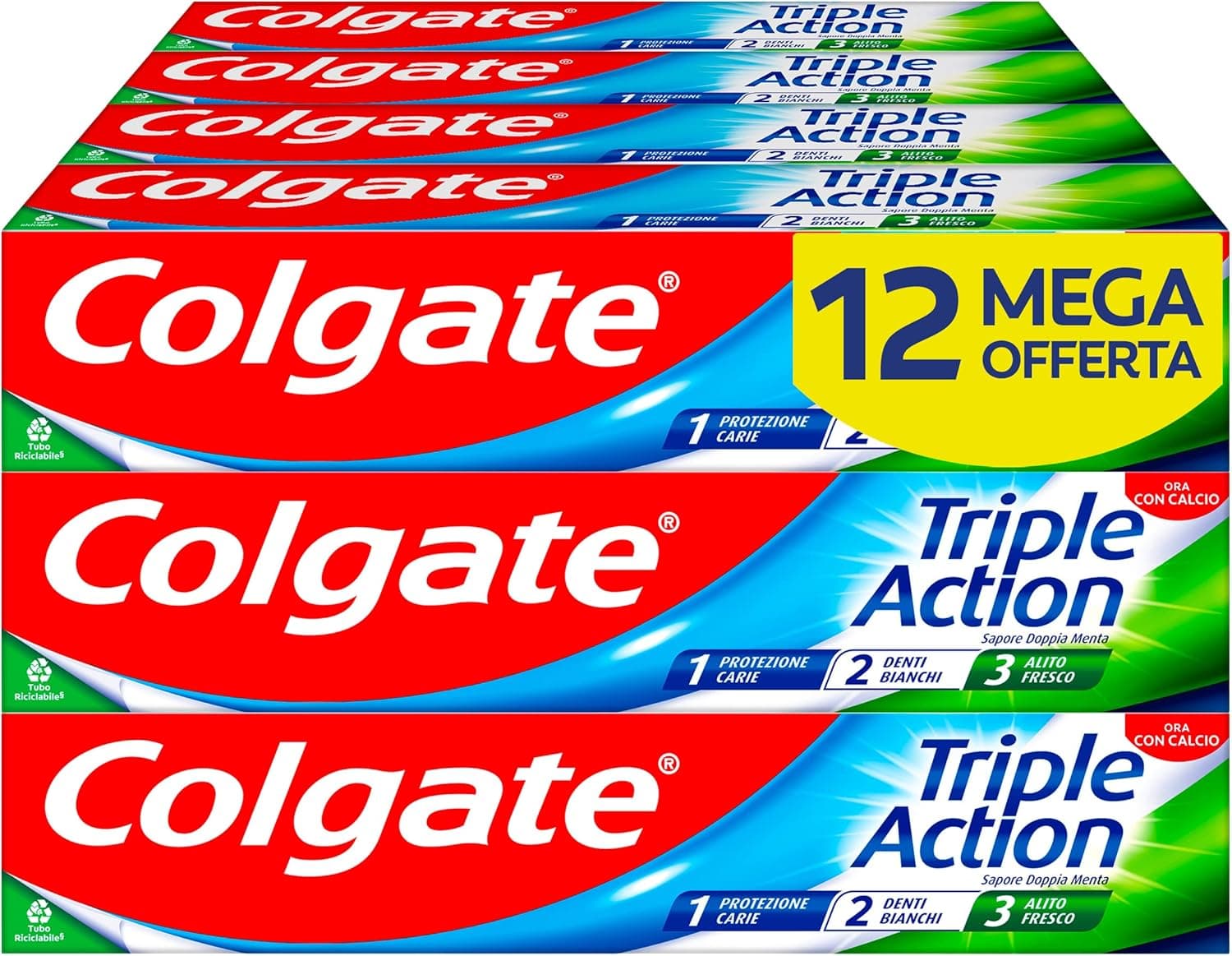 Colgate - Dentifricio Triple Action 12x75ml (Consegna in 48 Ore), Dentifricio Protezione contro la Carie, Denti Bianchi, Alito Fresco, Protezione Smalto, Formula Sbiancante e Rinfrescante