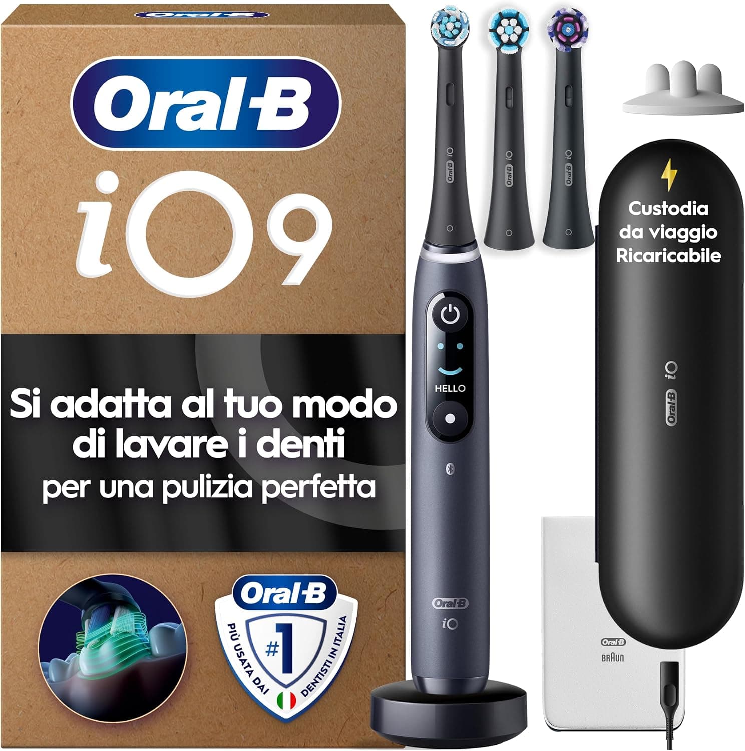 Oral-B iO 9 Spazzolino Elettrico, con 3 Testine di Ricambio, Custodia, Nero