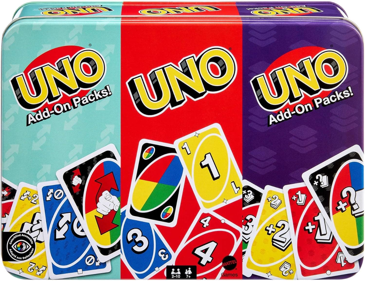 Mattel Games UNO e 2 Add-On Packs, Gioco di Carte e Confezione di Latta