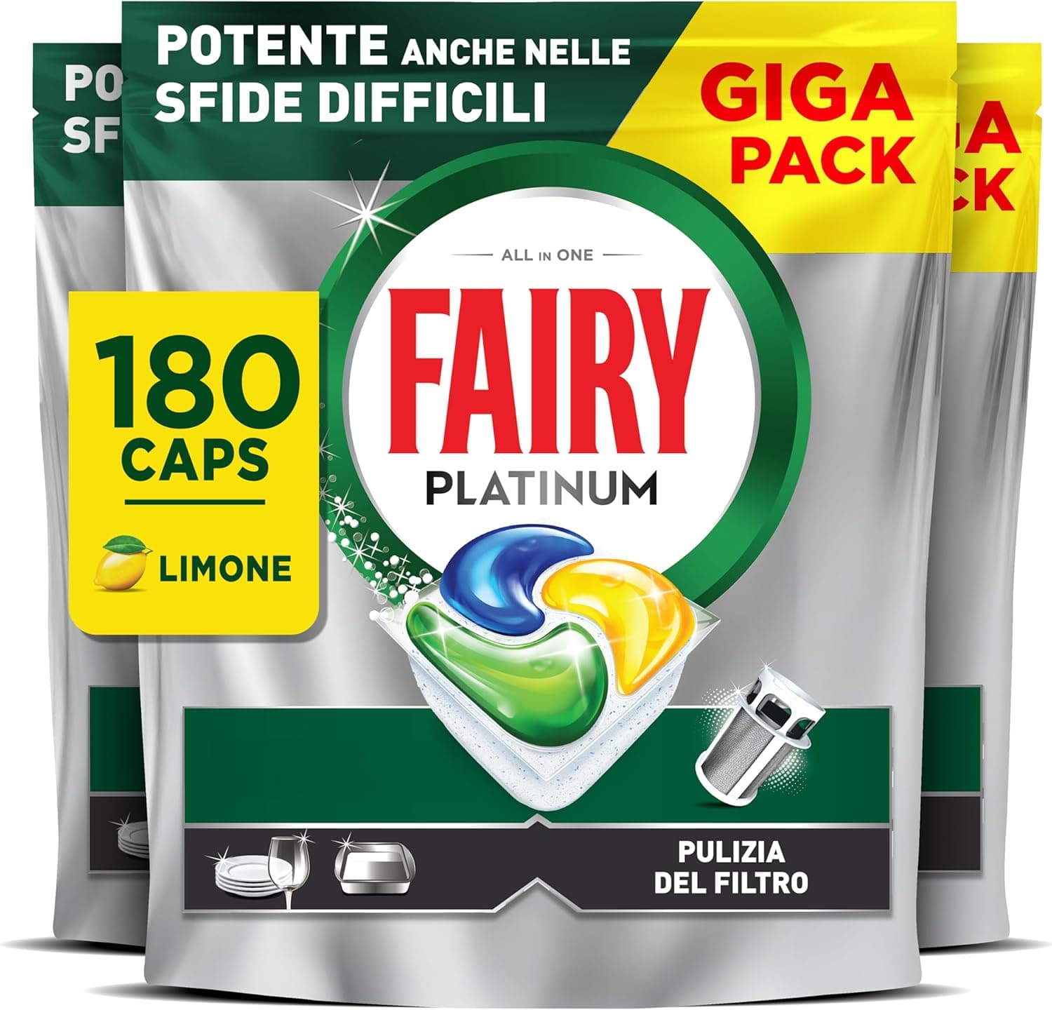 Fairy Platinum Pastiglie Lavastoviglie Tutto in Uno, 180 Caps, Limone