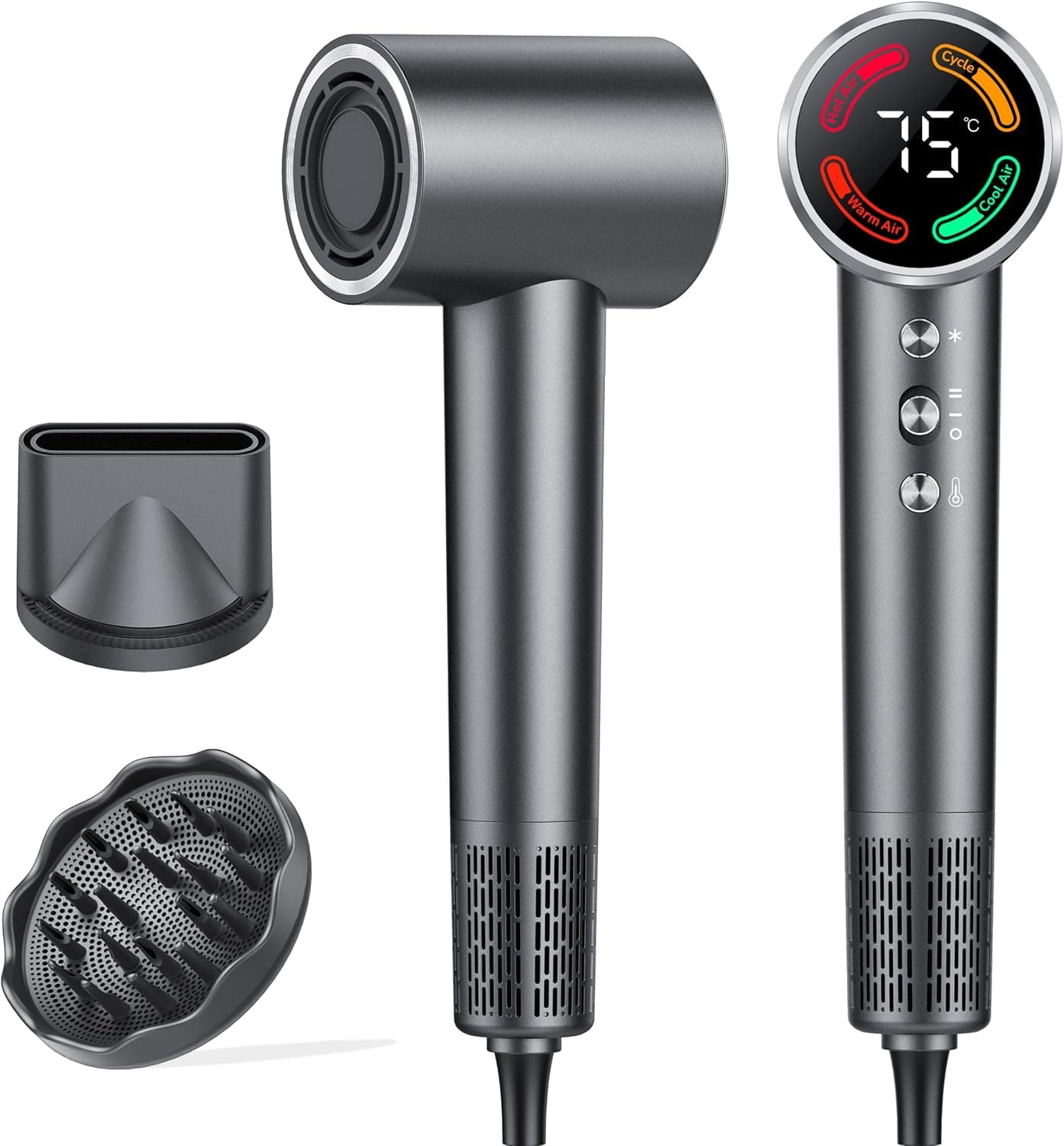 Asciugacapelli Ionico 160,000 RPM Phon Capelli Professionale 500 Milioni Ioni Negativi, 4 Temperature 2 Velocità, 2 Accessori Magnetici, Display LED, Termoregolazione intelligente, Basso Rumore