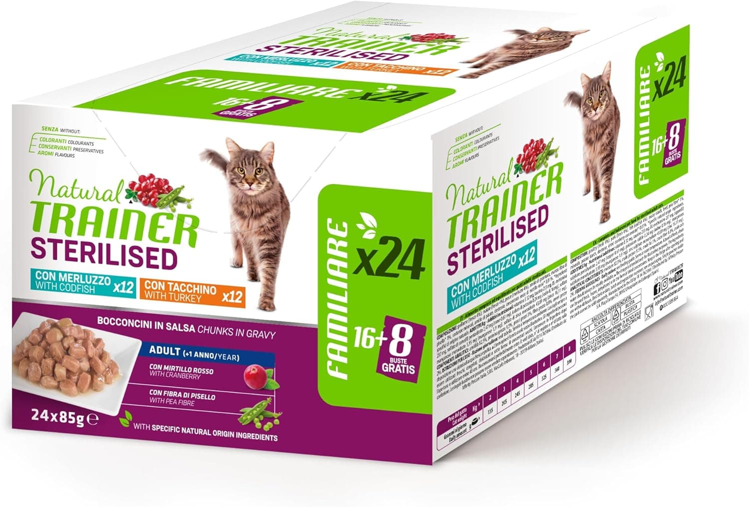 Natural Trainer Cibo Umido per Gatti Adulti Sterilizzati, Multipack Tacchino e Merluzzo, 24 x 85 g
