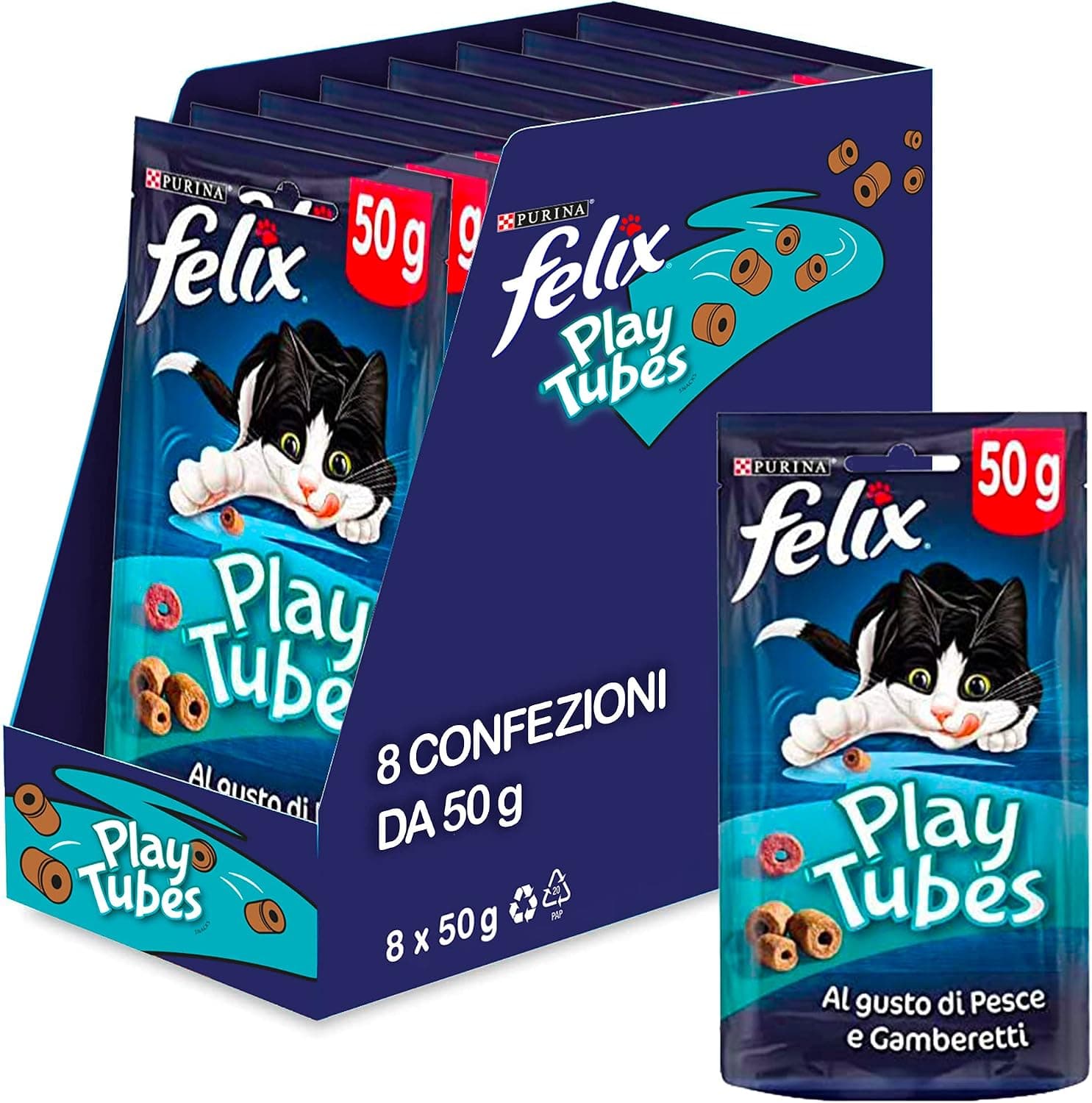 FELIX Play Tubes Snack per Gatti Adulti con Pesce e Gamberetti 8 Confezioni da 50g
