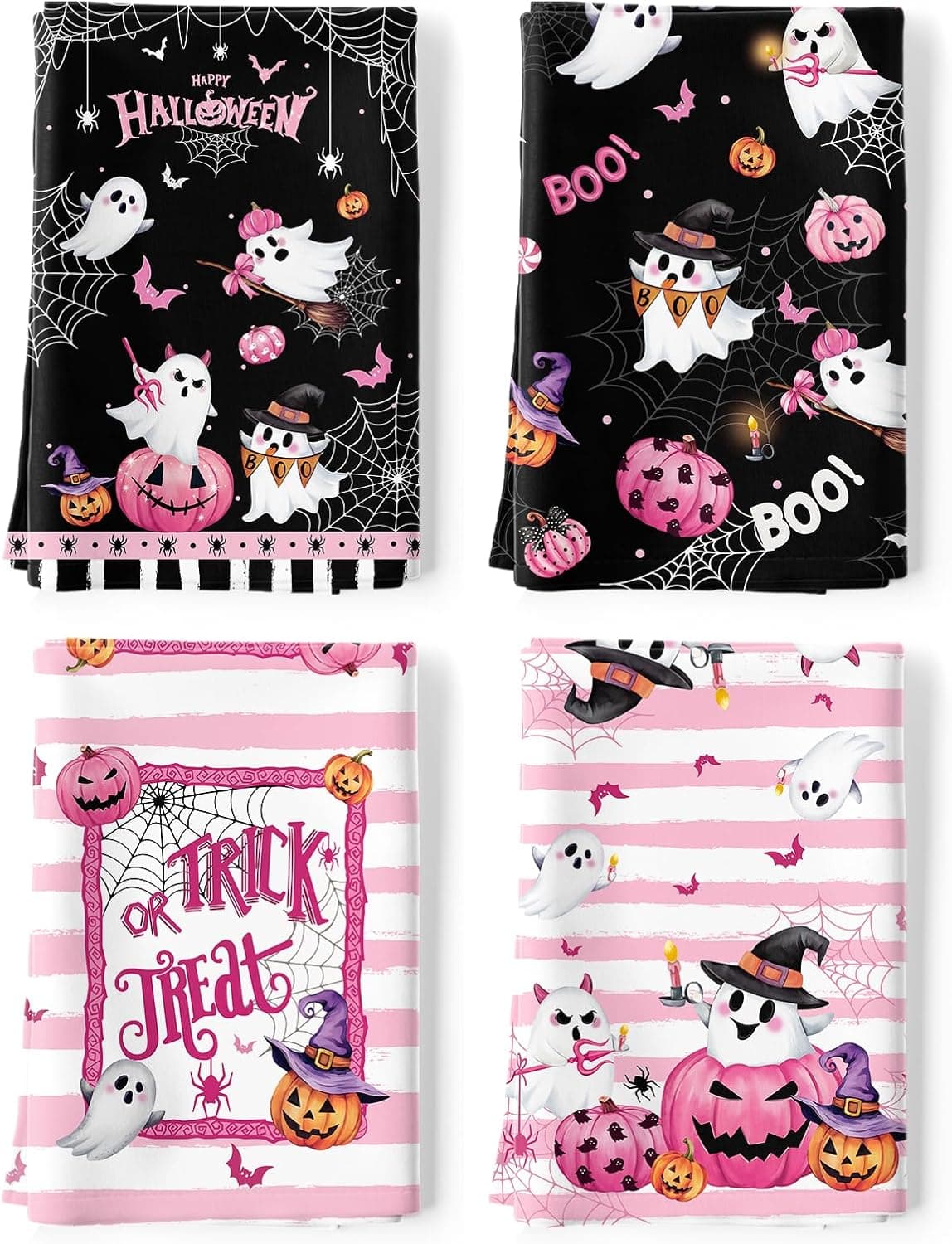 Halloween Carina Boo Zucca Set di 4 Strofinacci Cucina Strofinacci Cotone 100% Assorbente Canovacci Cucina Decorazione Regali di Vacanza 48 Cm X 70 Cm