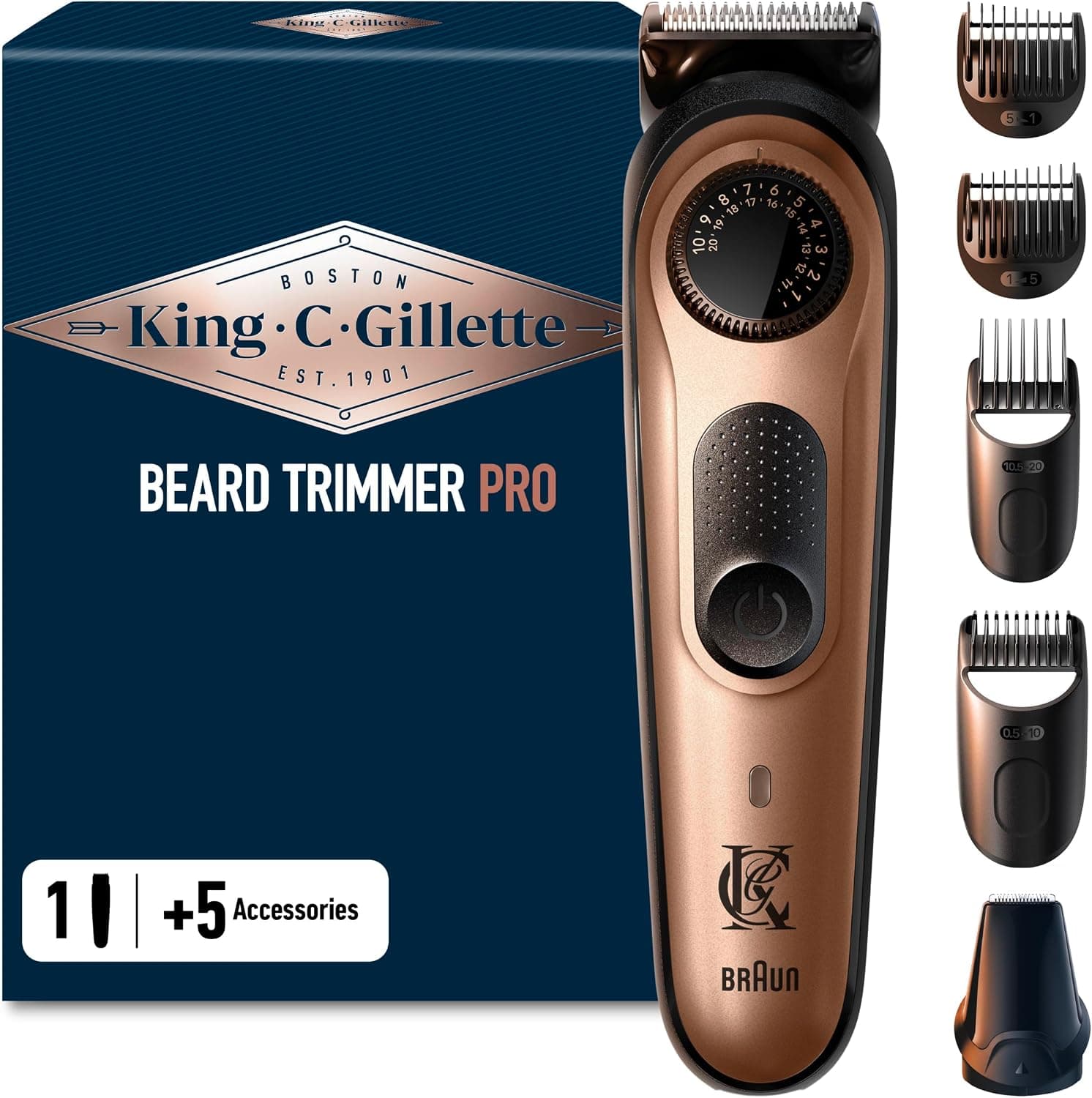 King C. Gillette Rasoio Elettrico Barba Pro, Regolabarba Uomo, Selettore di Precisione, Cura Barba Uomo, 40 Impostazioni di Lunghezza, Lame Rasoio Affilate, Pettini Regolatori, Testine Lavabili