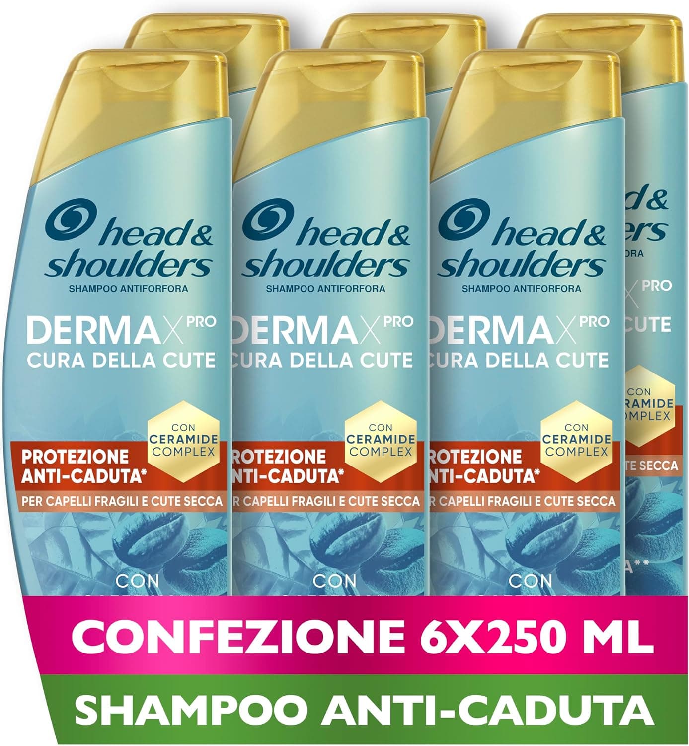 Head & Shoulders DermaXPro Shampoo Antiforfora Protezione Anti-Caduta 6x250ml con Caffeina e Complesso di Ceramidi Idrata Cute Secca e Capelli Fragili e Aiuta a Rinforzare la Barriera Cutanea