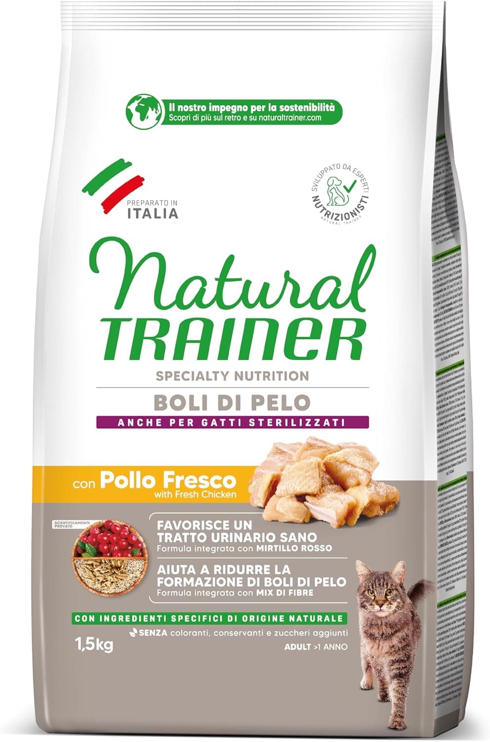 Natural Trainer Cibo per Gatti Adulti Boli di Pelo con Pollo Fresco - 1,5kg