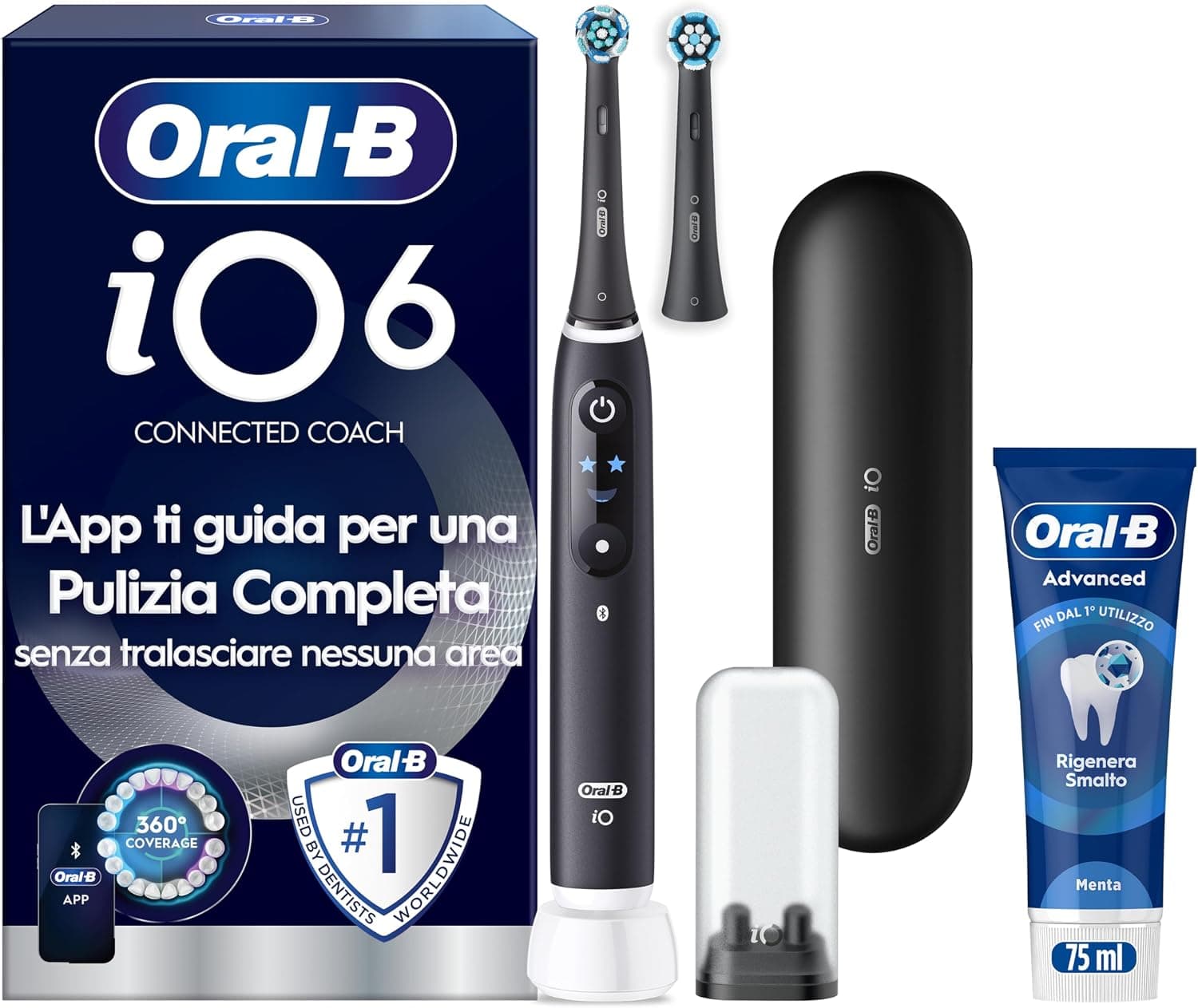 Oral-B iO 6 Spazzolino Elettrico, 2 Testine, Custodia, Dentifricio, Nero