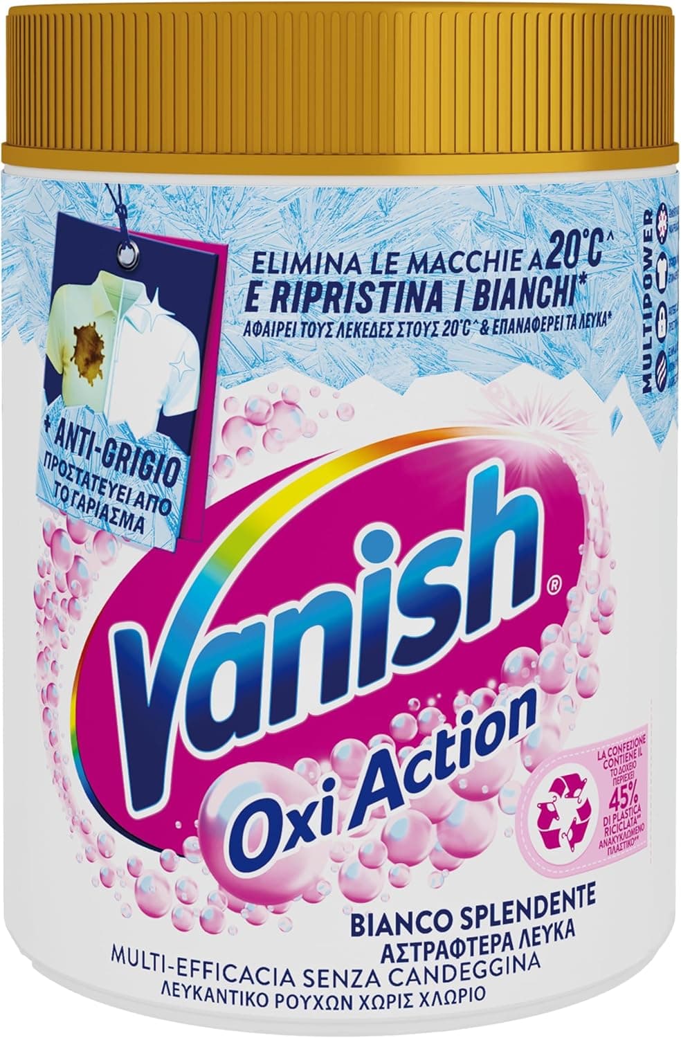 Vanish Oxi Action Multipower Polvere Bianco Splendente, Smacchiatore per Capi Bianchi, 1 Confezione da 1Kg per Bucato, Additivo Lavatrice Multiazione senza Candeggina
