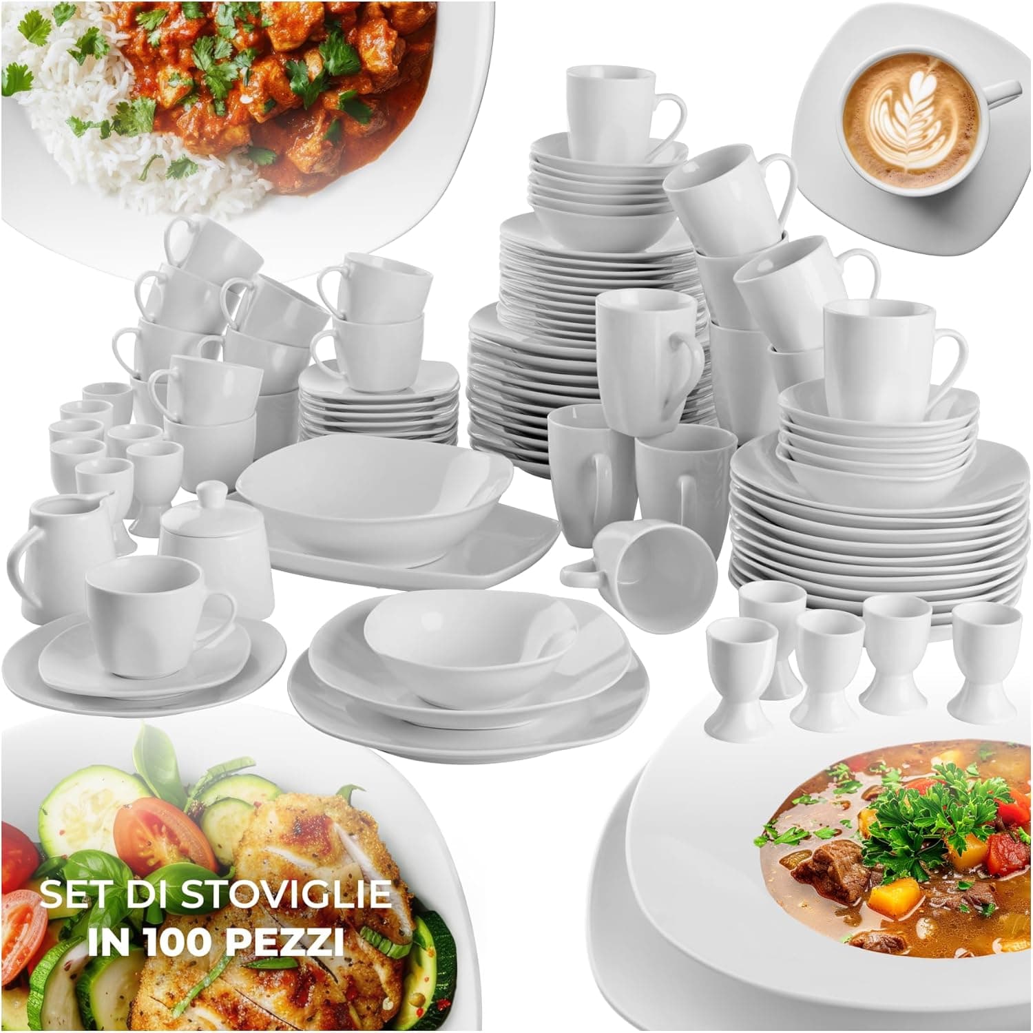 tectake® Set di Stoviglie da 100 Pezzi per 12 Persone, Piatti e Ciotole con Bordi Arrotondati, Porcellana Resistente ai Graffi, Adatto a Lavastoviglie e Microonde, Impilabile, Salvaspazio - Bianco