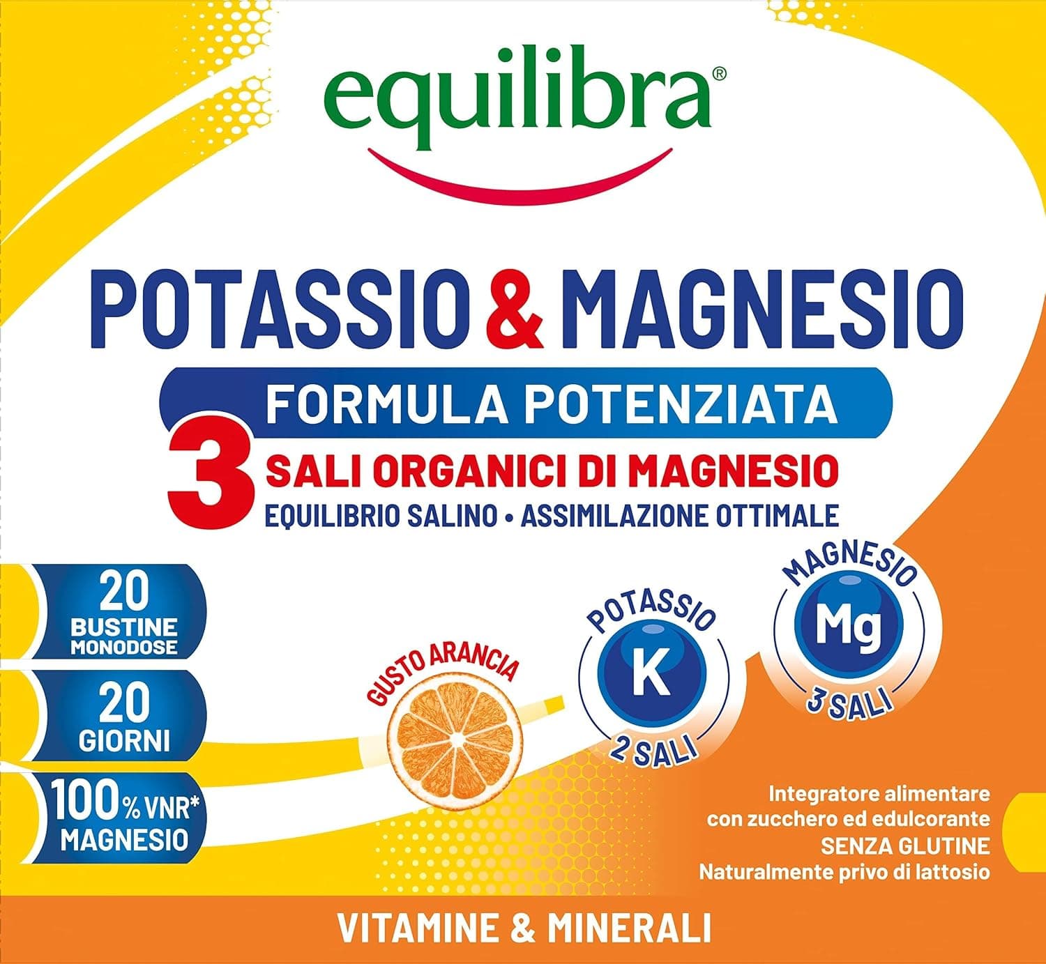 Equilibra Magnesio e Potassio 3 Formula Potenziata, 20 Bustine, Arancia