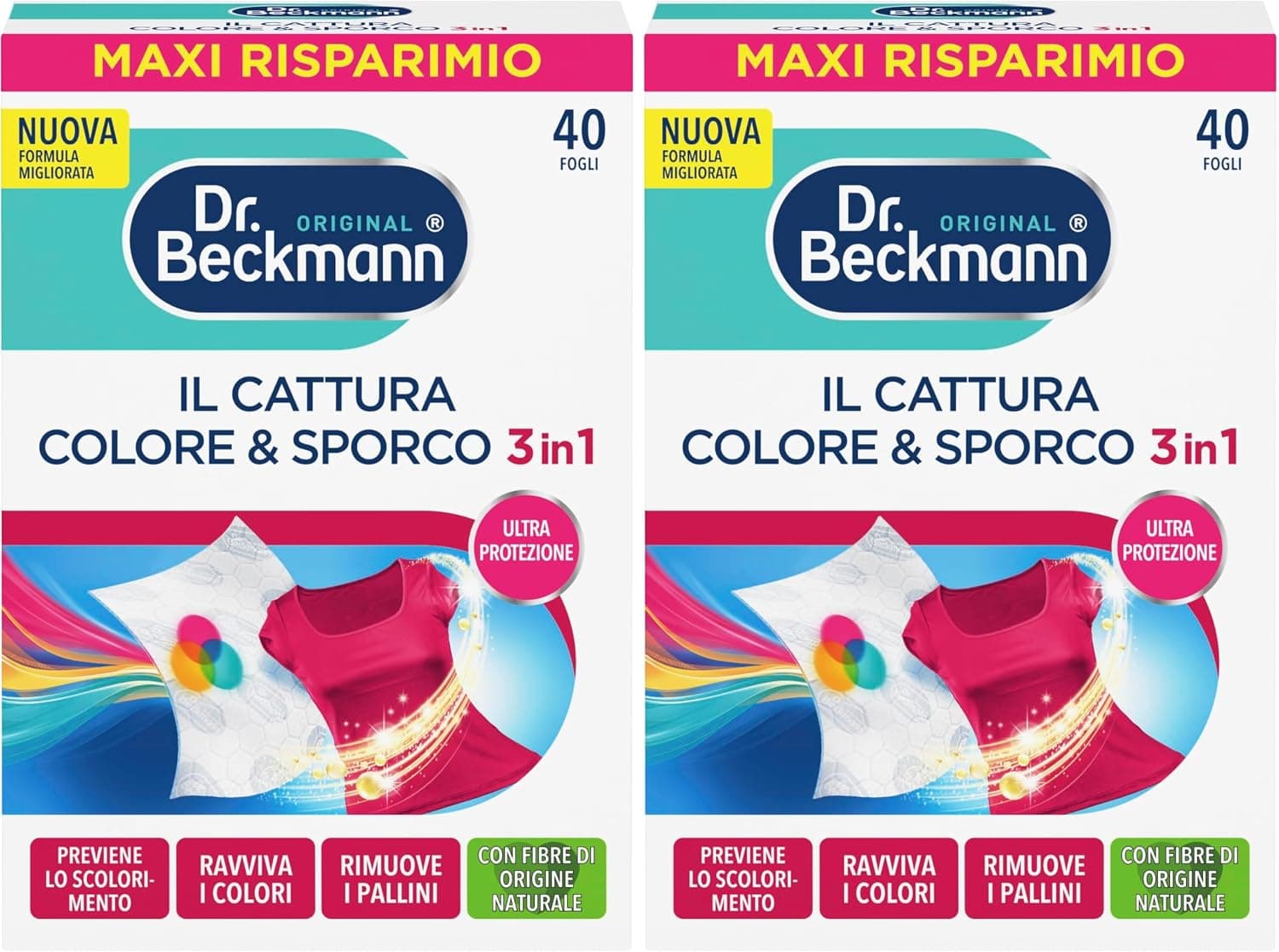 Dr. Beckmann Cattura Colore & Sporco Tecnologia Avanzata | Per proteggere a lungo i colori del bucato | Con molecole che catturano colori e microfibre | 40 foglietti (Confezione da 2)