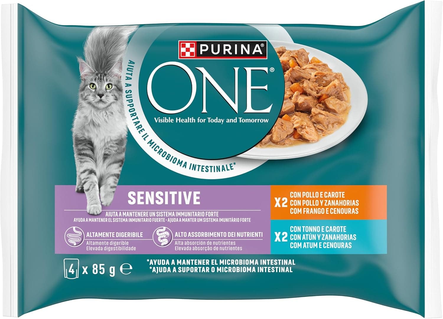 PURINA ONE Sensitive Cibo Umido per Gatti Adulti Filettini in Salsa con Pollo, Tonno e Carote 48 Buste da 85g