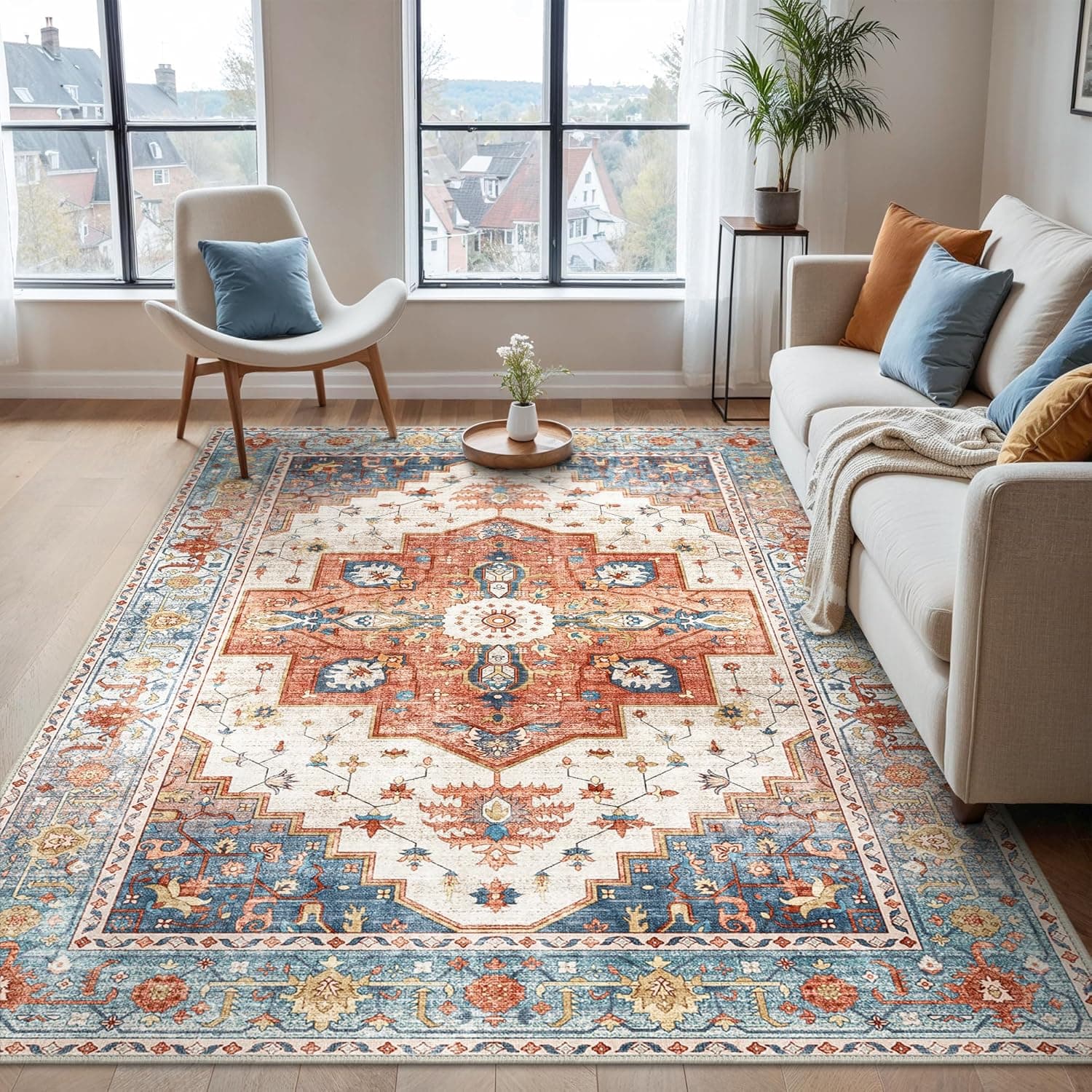 BEIMO Tappeto Salotto Pelo Corto Vintage, Tappeto Camera Da Letto, Tappeti Antiscivolo Lavabile, Tappeti Persiano per Cameretta, Soggiorno, Sala, Scendiletto, Rosso-Arancio, 120x170cm
