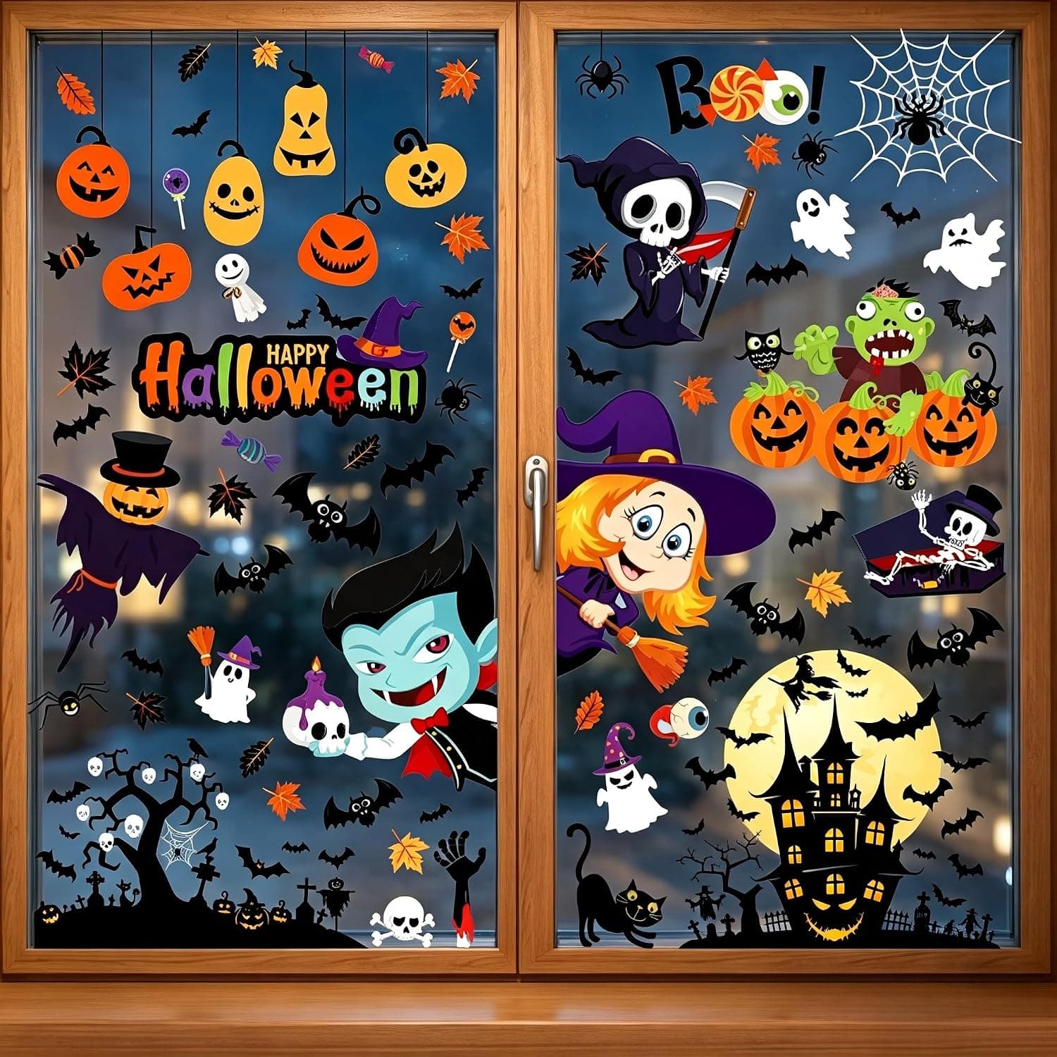 Adesivi di Halloween per Finestre – 101 Pezzi con Zucca, Ragnatele, Pipistrelli, Streghe, Fantasmi, Decorazioni per Feste, Camerette