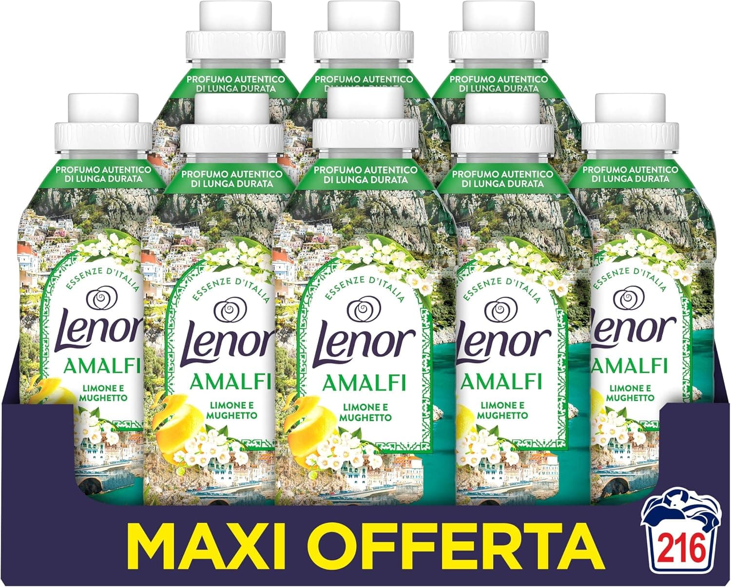 Lenor Ammorbidente Lavatrice Concentrato Essenze d’Italia,216 Lavaggi (27x8), Amalfi, Note Di Limone e Mughetto, Profumo autentico di lunga durata