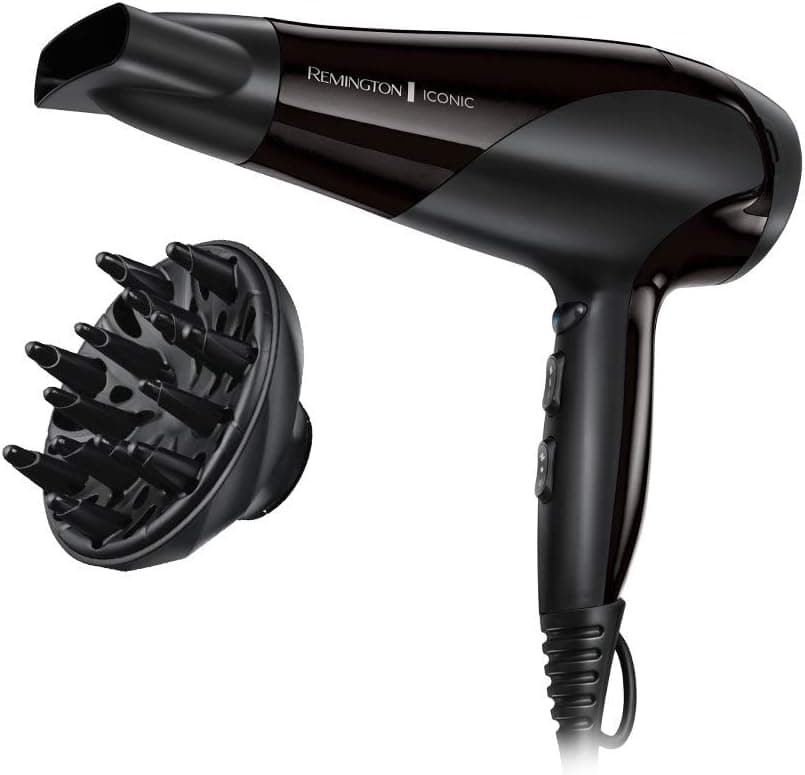 Remington Asciugacapelli 2200W - Leggero e Potente - Funzione Ionica per risultati ottimi, 3 livelli di riscaldamento, 2 livelli di ventola separati + livello di raffreddamento, Diffusore - D3198