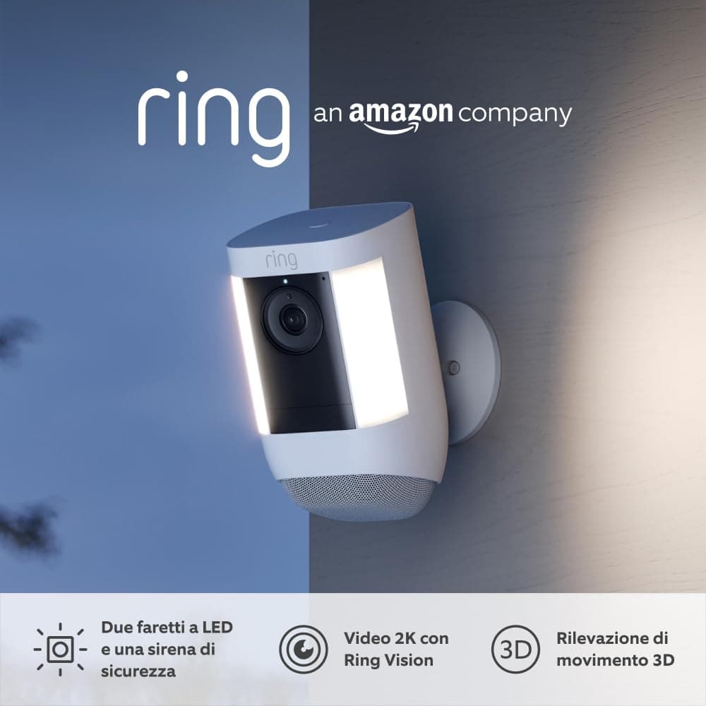 Ring Videocamera Pro con faretti a batteria (Spotlight Cam Pro Battery)| Video 2K, Ring Vision, rilevazione di movimento 3D, installazione fai-da-te | Prova gratuita di 30 giorni del piano Ring Home