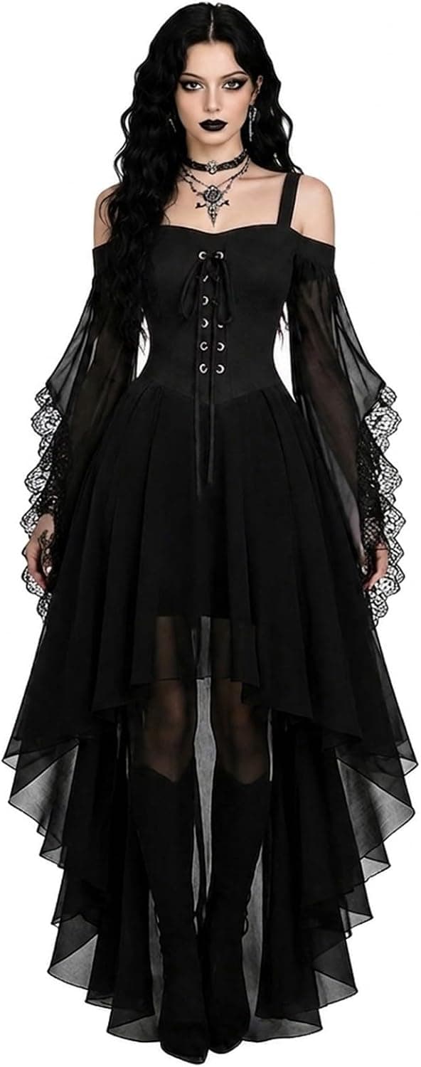 Generico Vestito Costume Halloween Donna Adulta (TAGLIA S), Abito Gotico Nero Strega Vampira Vestito Medievale Per Carnevale Feste In Maschera