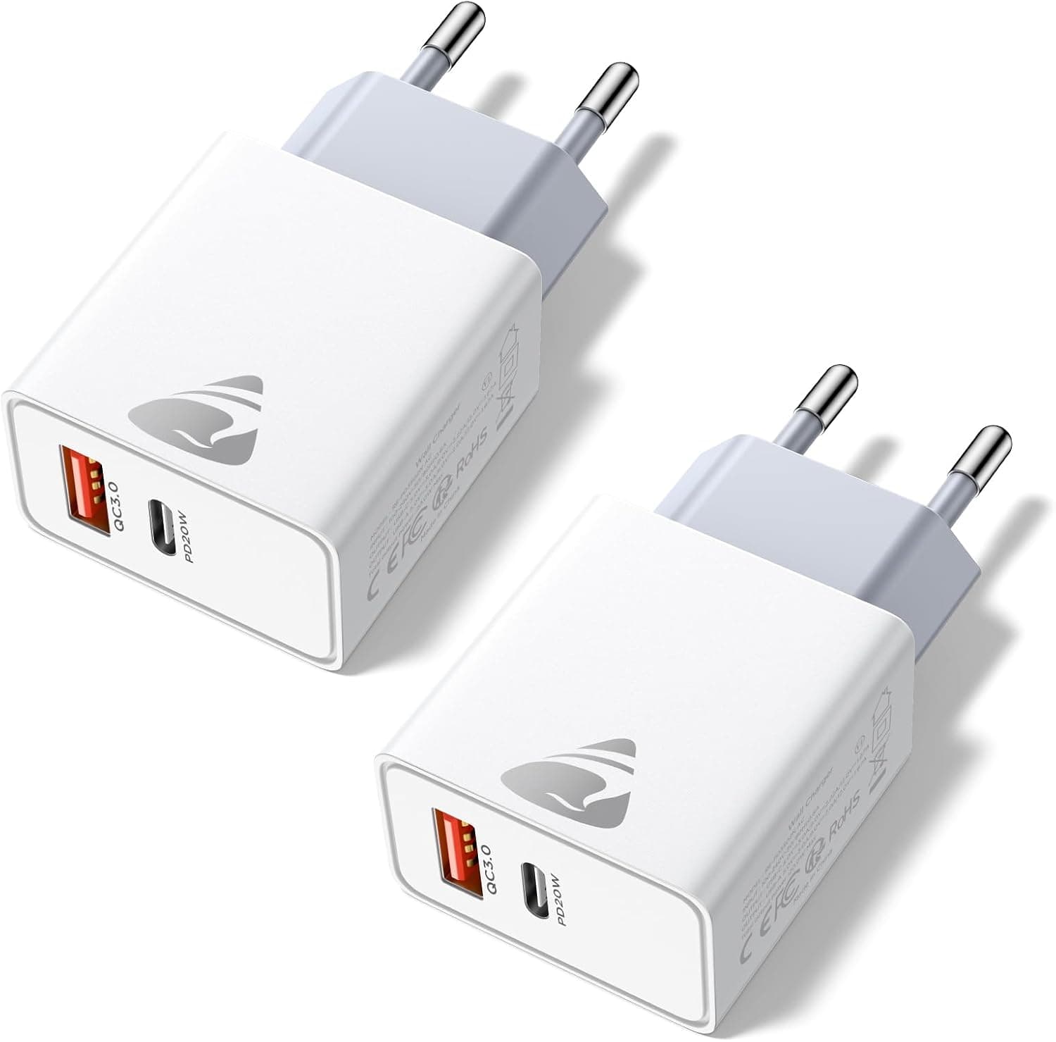 Caricatore USB C, 2 Pezzi Caricabatterie Rapido 20W, 2Porto Presa USB Caricatore Multiplo PD & QC3.0 Carica Cellulare, Spina Tipo C Alimentatore per iPhone 17 16 15 Samsung, Spinotto Muro Adattatore
