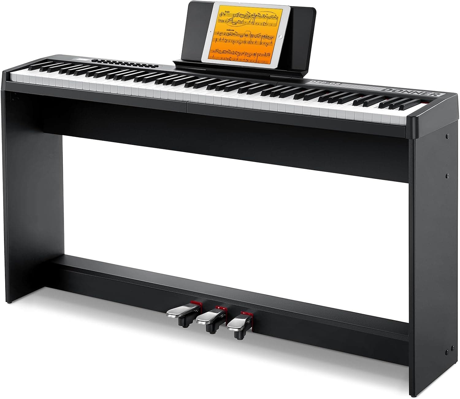 Donner Tastiera digitale per pianoforte a 88 tasti sensibili alla velocità con supporto rimovibile, pianoforte elettrico compatto per principianti con modalità Split, display LED e triplo pedale