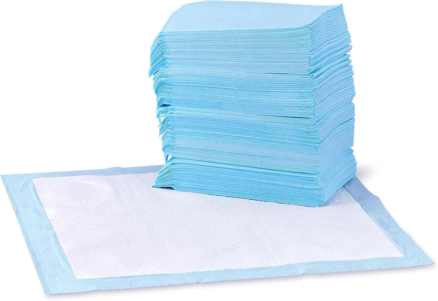 Amazon Basics Tappetini per l'addestramento di Cani e Cuccioli, Design a 5 Strati a Prova di perdite con Superficie ad Asciugatura Rapida, Dimensione Standard, Confezione da 100, Blu/Bianco