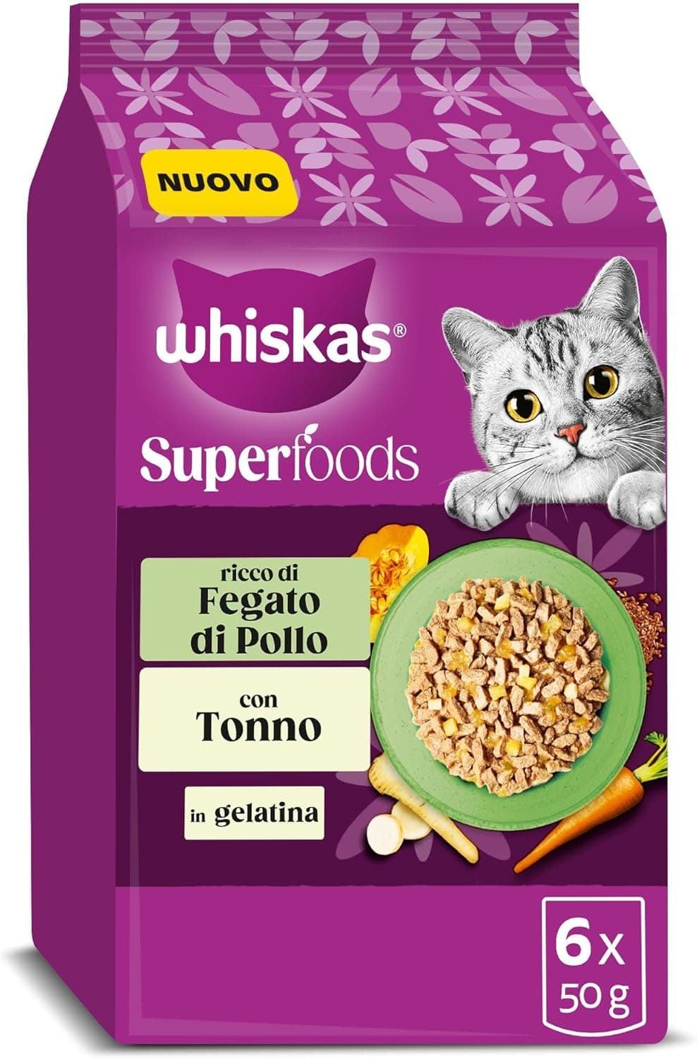 WHISKAS SUPERFOODS Cibo Umido in Gelatina per Gatti Adulti 6x50g Mix, confezione da 12