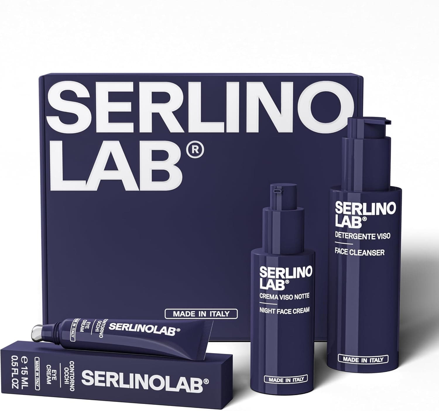 SERLINOLAB Kit Viso Uomo Essenziale - Detergente Viso 100ml + Contorno Occhi 15ml + Crema Notte Anti-Età 50ml - Routine Pulizia, Anti-Borse e Anti-Rughe - Made in Italy