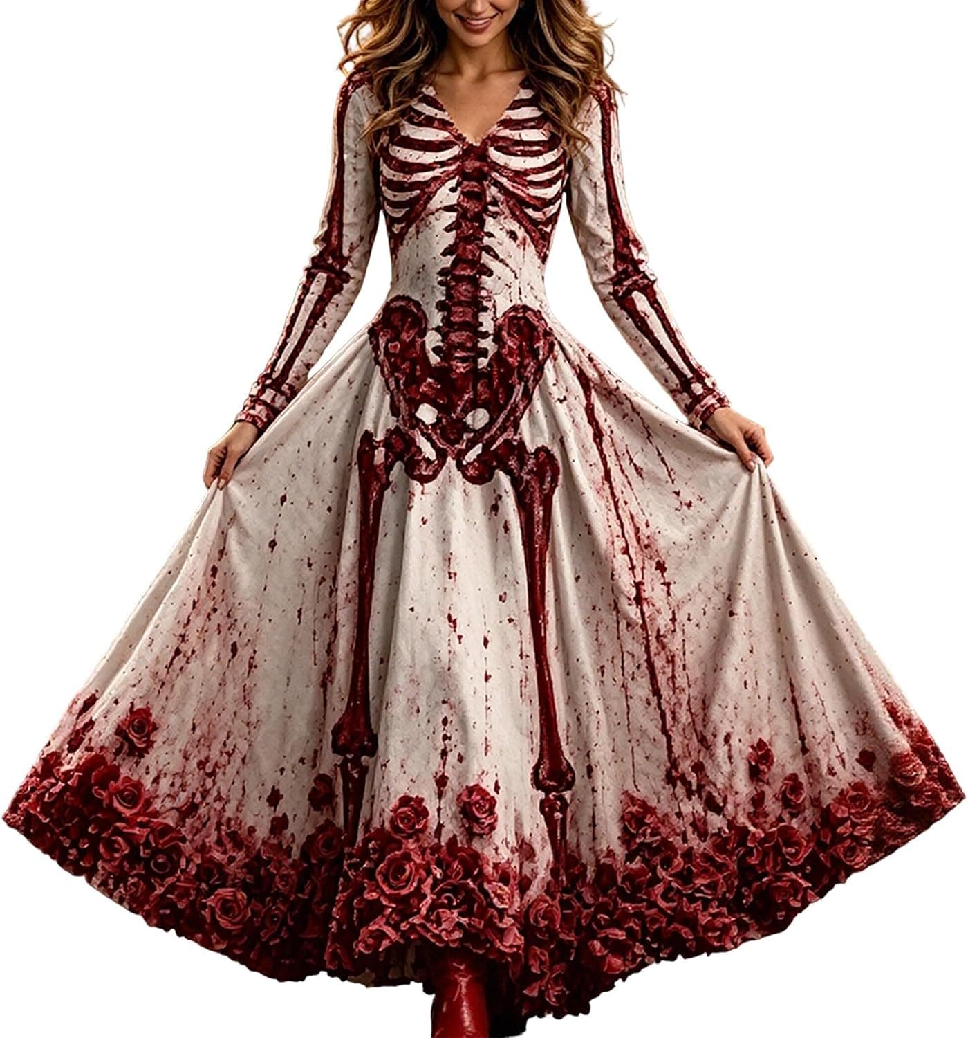 Costume Halloween Donna Costumi Donne Adulta, Vestito Maxi Scollo a V Maniche Lunghe, Motivo Scheletro E Rose, Abito per Feste Tema
