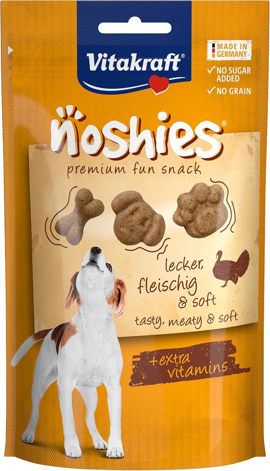 Vitakraft Noshies, leccornie per cani, con pregiata carne di tacchino, ideale per una coccola, vitamine per la pelle e il pelo, senza l'aggiunta di zuccheri e cereali (1x 90g)