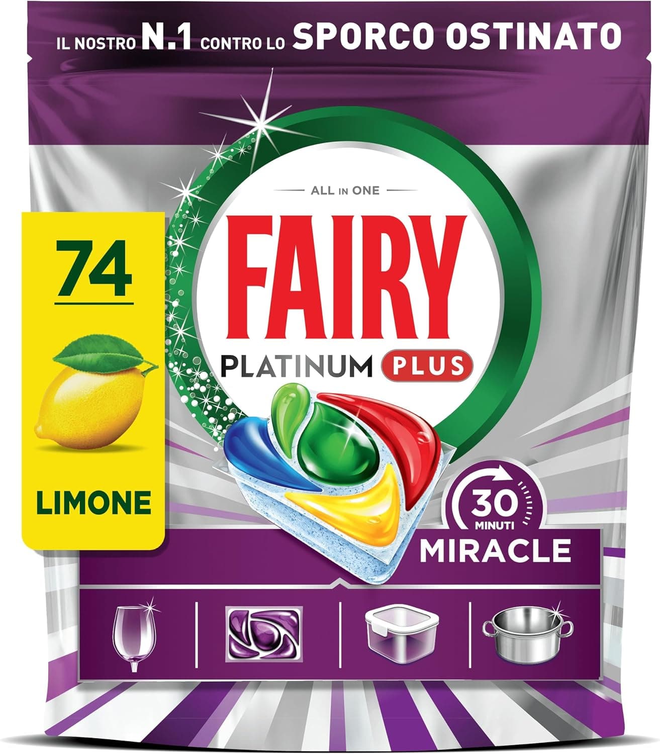 Fairy 30 Minuti Miracle Pastiglie Lavastoviglie, 74 Caps, Limone