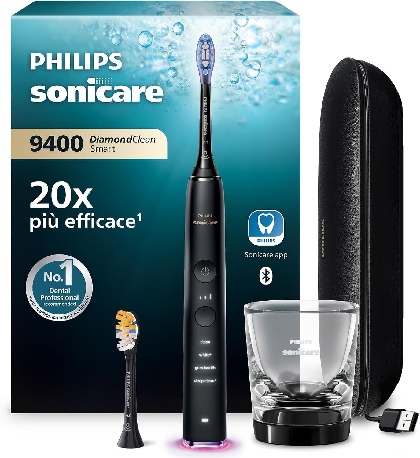 Philips Sonicare DiamondClean Smart 9400 spazzolino elettrico, spazzolino sonico con app, sensore di pressione, rilevamento della testina, nero, modello HX9917/89