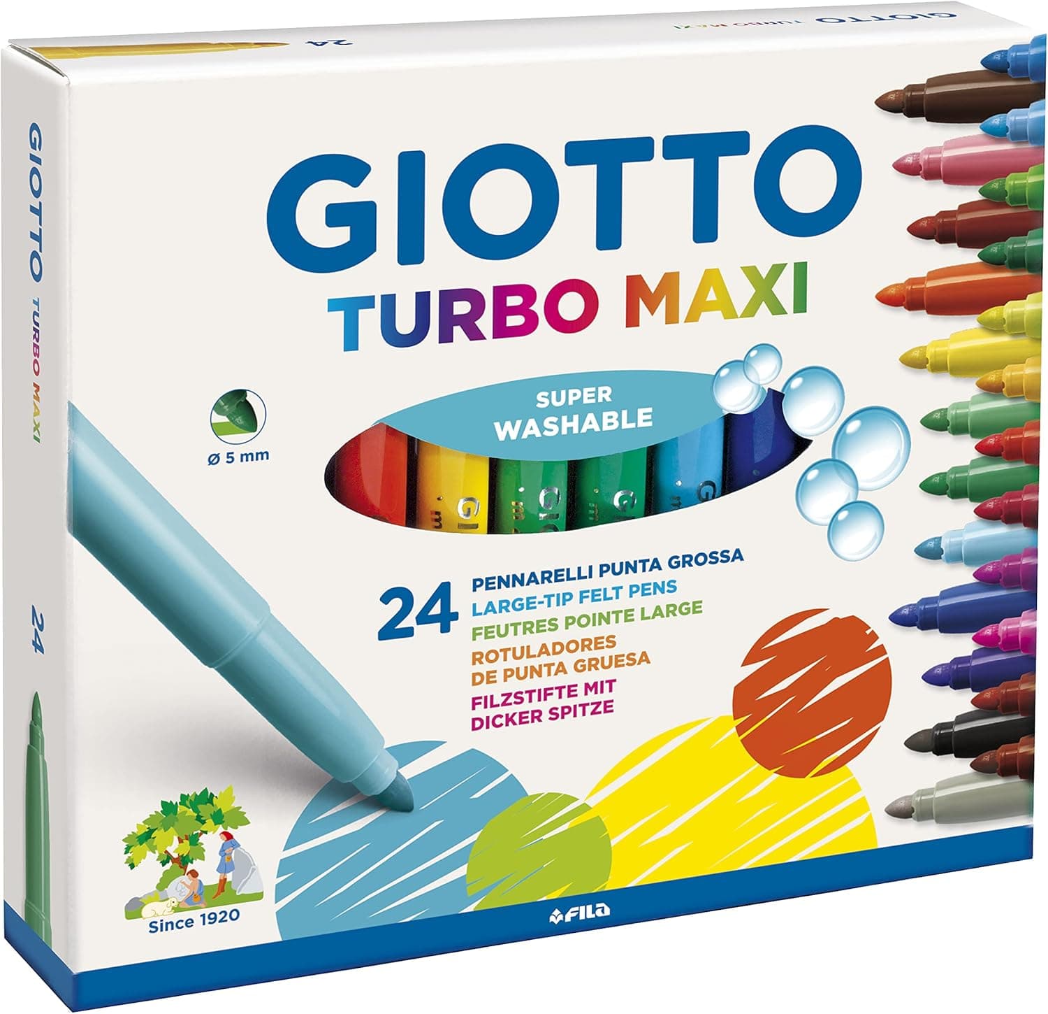 GIOTTO Turbo Maxi - Astuccio Da 24 Pennarelli A Punta Larga, 5 mm, Super Lavabili